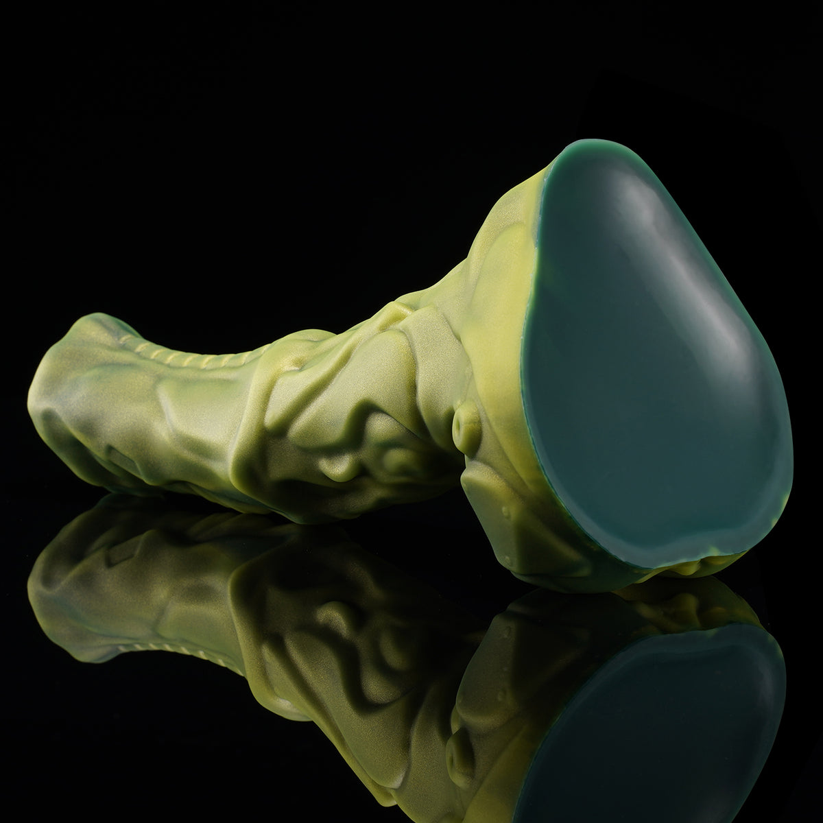 FIGURE fantasy horse dildo with a textured biomechanical shaft, sculpted head, and rounded balls - green suction-cup base view