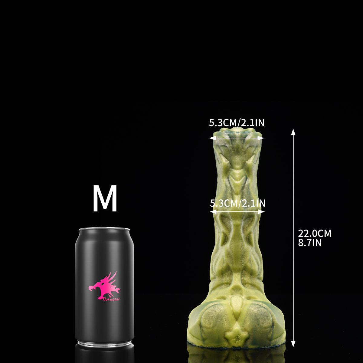 FIGURE fantasy horse dildo with a textured biomechanical shaft, sculpted head, and rounded balls - M size guide