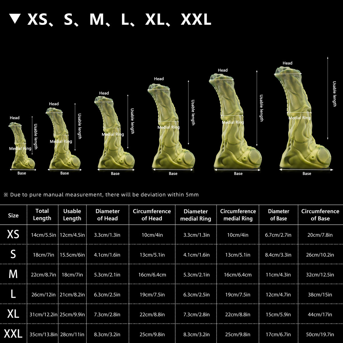 FIGURE fantasy horse dildo with a textured biomechanical shaft, sculpted head, and rounded balls - size chart