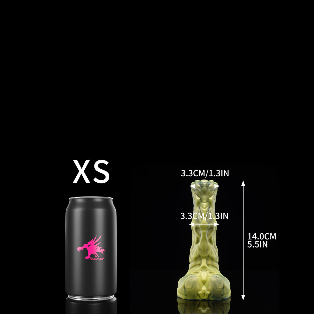 FIGURE fantasy horse dildo with a textured biomechanical shaft, sculpted head, and rounded balls - XS size guide