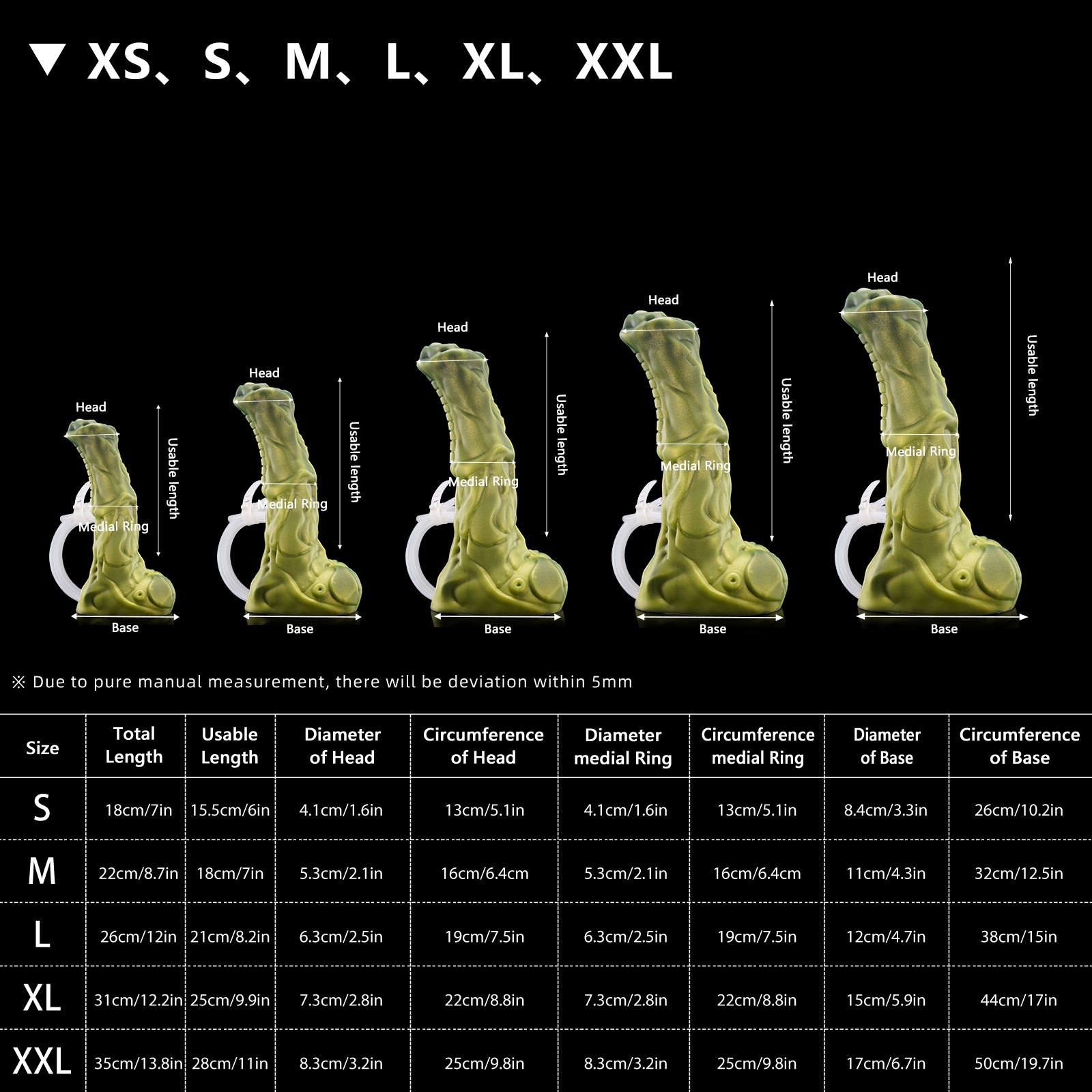 FIGURE plus tube fantasy horse ejaculating dildo with a textured biomechanical shaft and built-in tube - tube and size chart