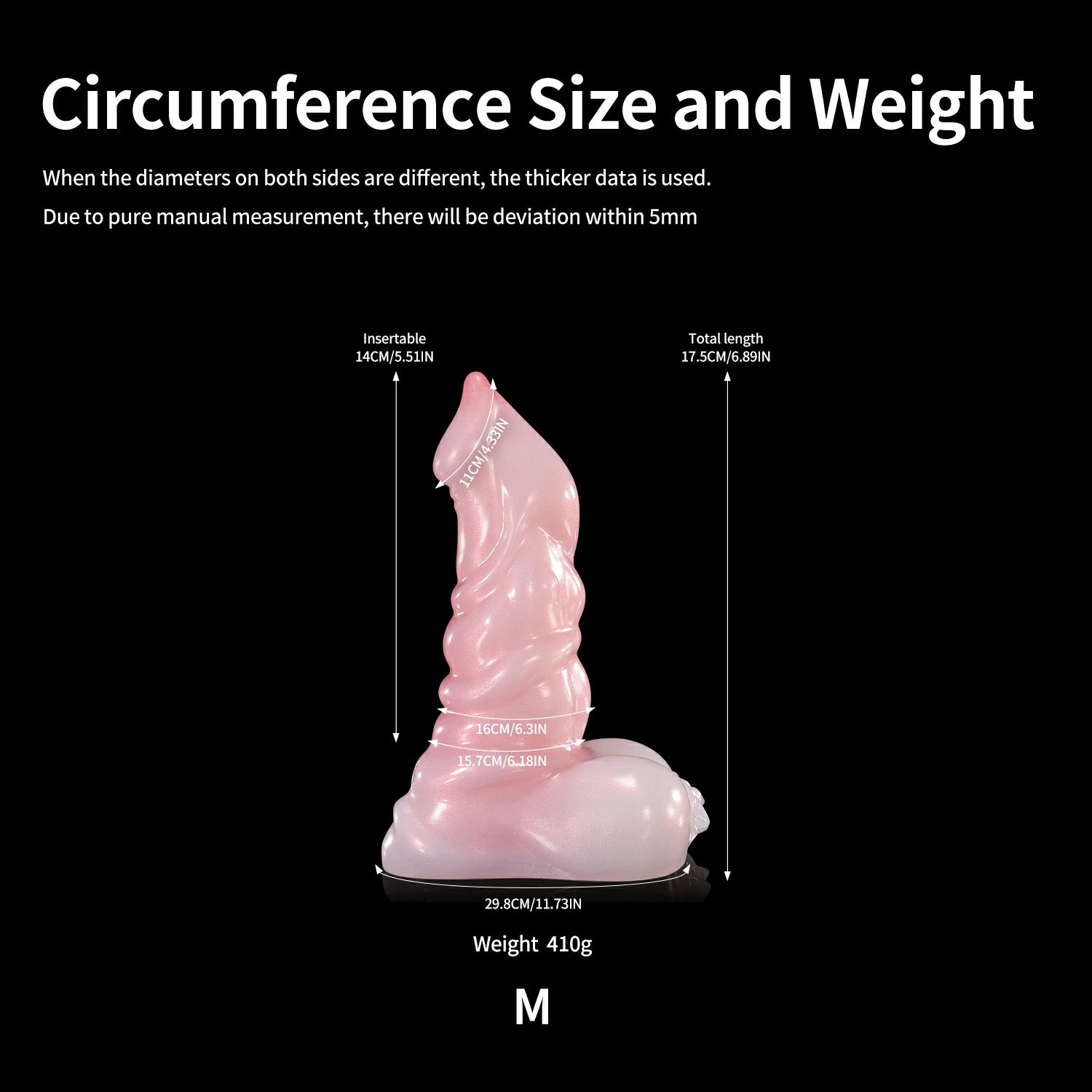 GLOSSY ASMODEUS fantasy smooth dildo with a sculpted tapered shaft, rounded base, and glossy finish - circumference size and weight chart