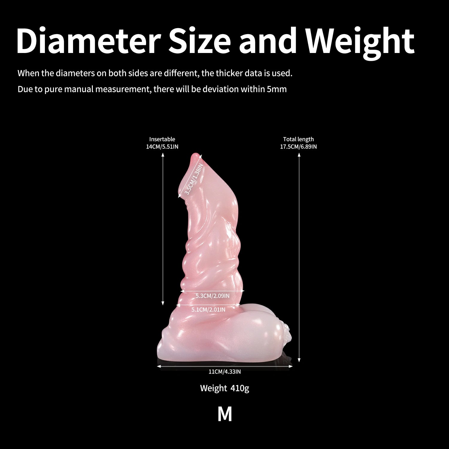 GLOSSY ASMODEUS fantasy smooth dildo with a sculpted tapered shaft, rounded base, and glossy finish - diameter size and weight chart