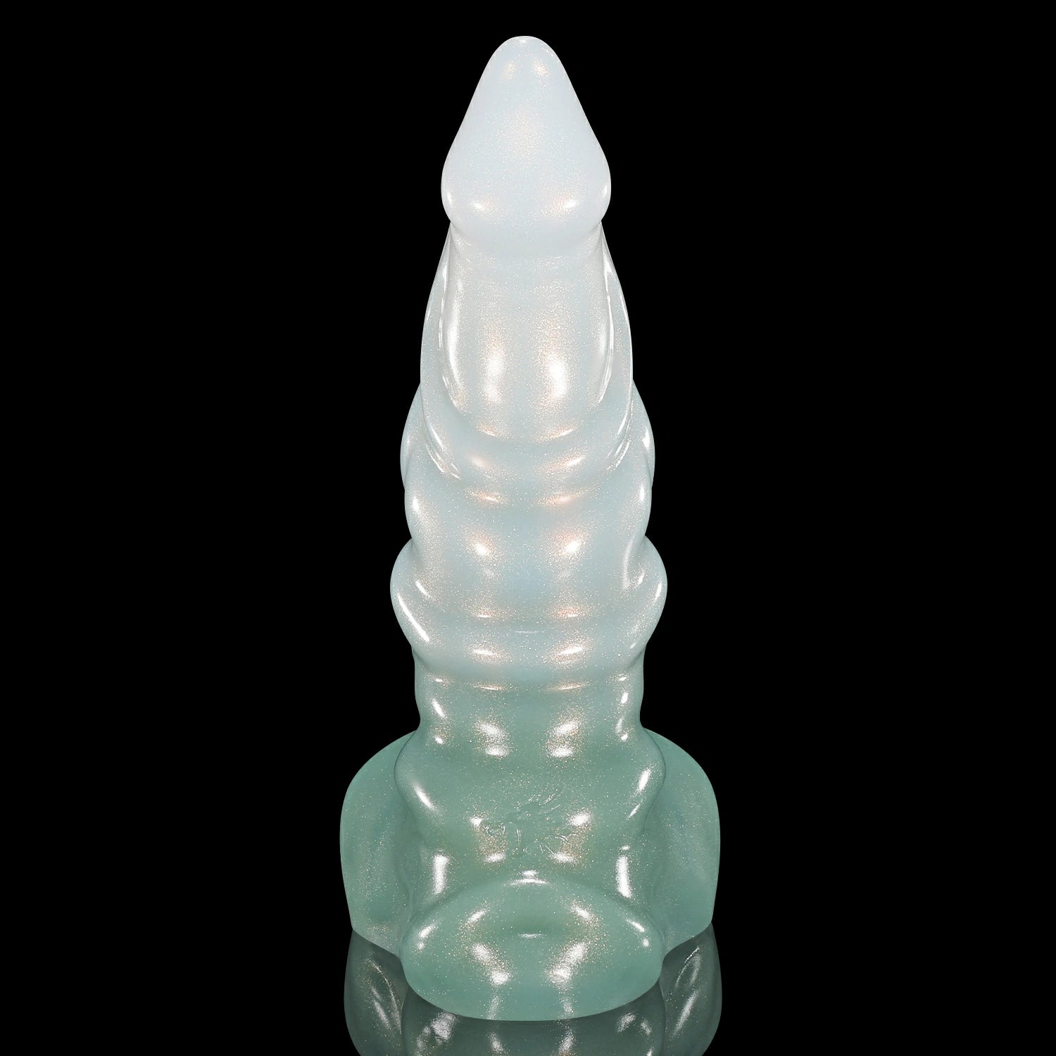 GLOSSY ASMODEUS fantasy smooth dildo with a sculpted tapered shaft, rounded base, and glossy finish - green and white custom color rear view