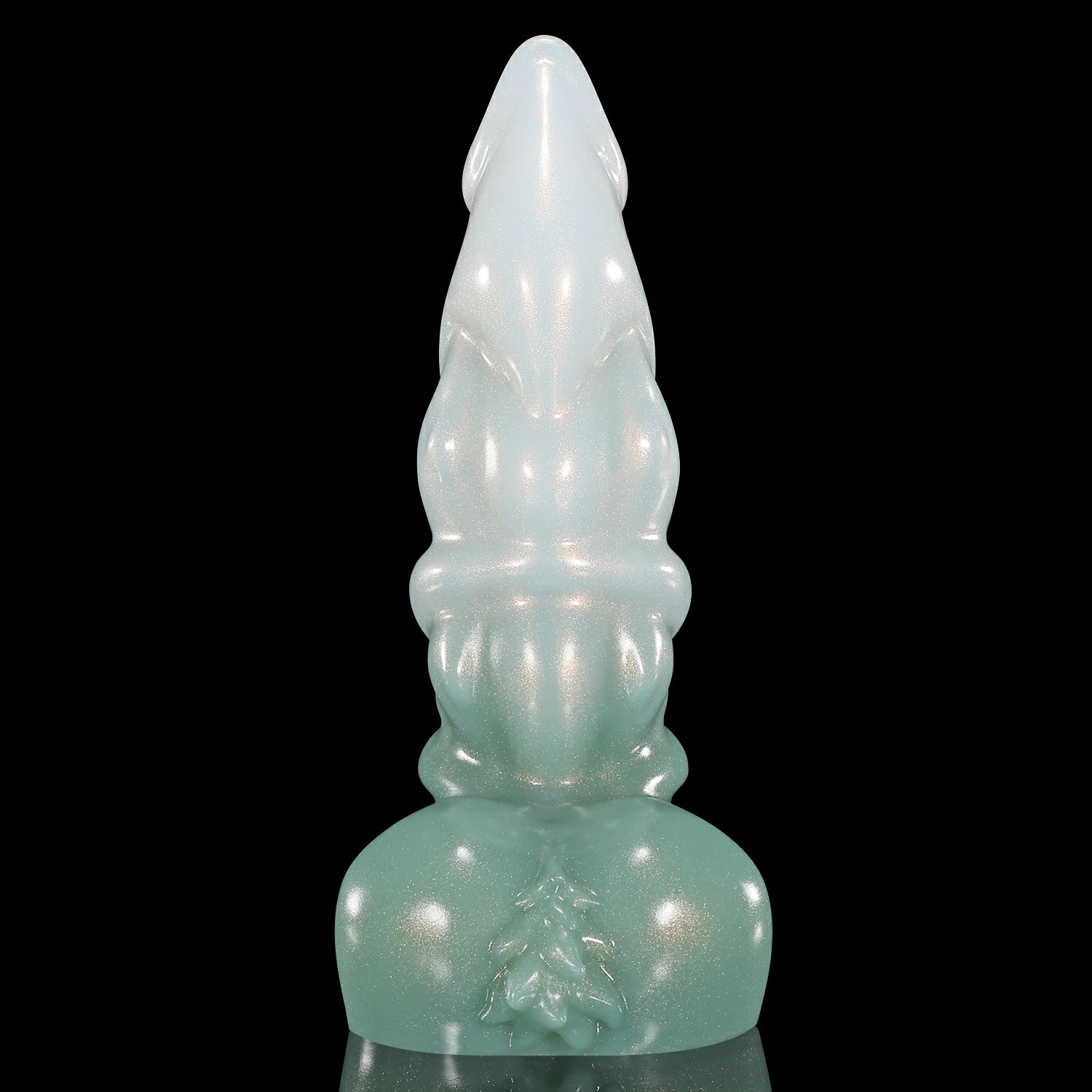 GLOSSY ASMODEUS fantasy smooth dildo with a sculpted tapered shaft, rounded base, and glossy finish - green and white custom color side profile