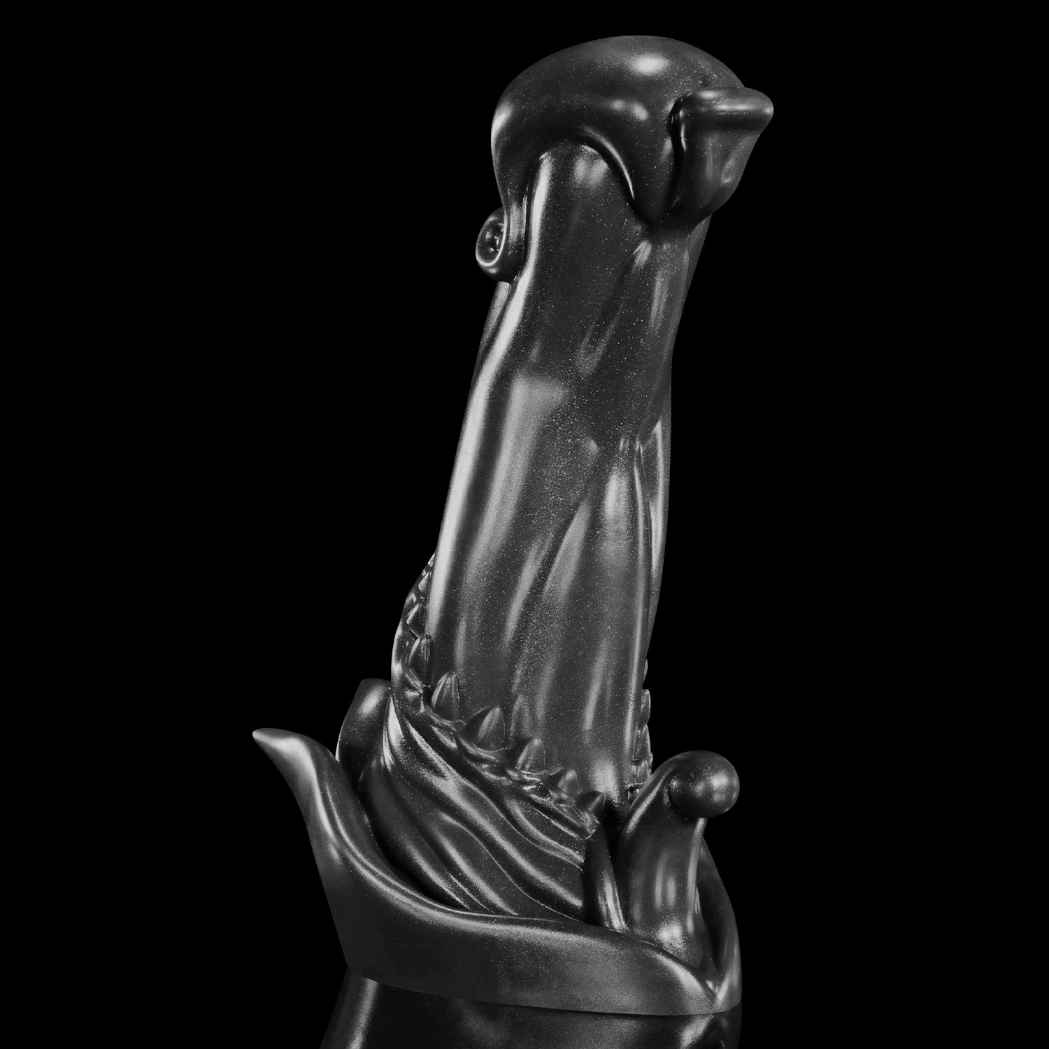 GLOSSY BEELZEBUB fantasy dildo with a rounded head, tendril-like details, serrated texture, and glossy finish - black custom color front view