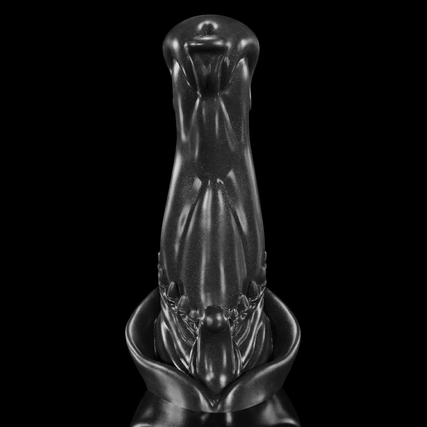 GLOSSY BEELZEBUB fantasy dildo with a rounded head, tendril-like details, serrated texture, and glossy finish - black custom color rear view