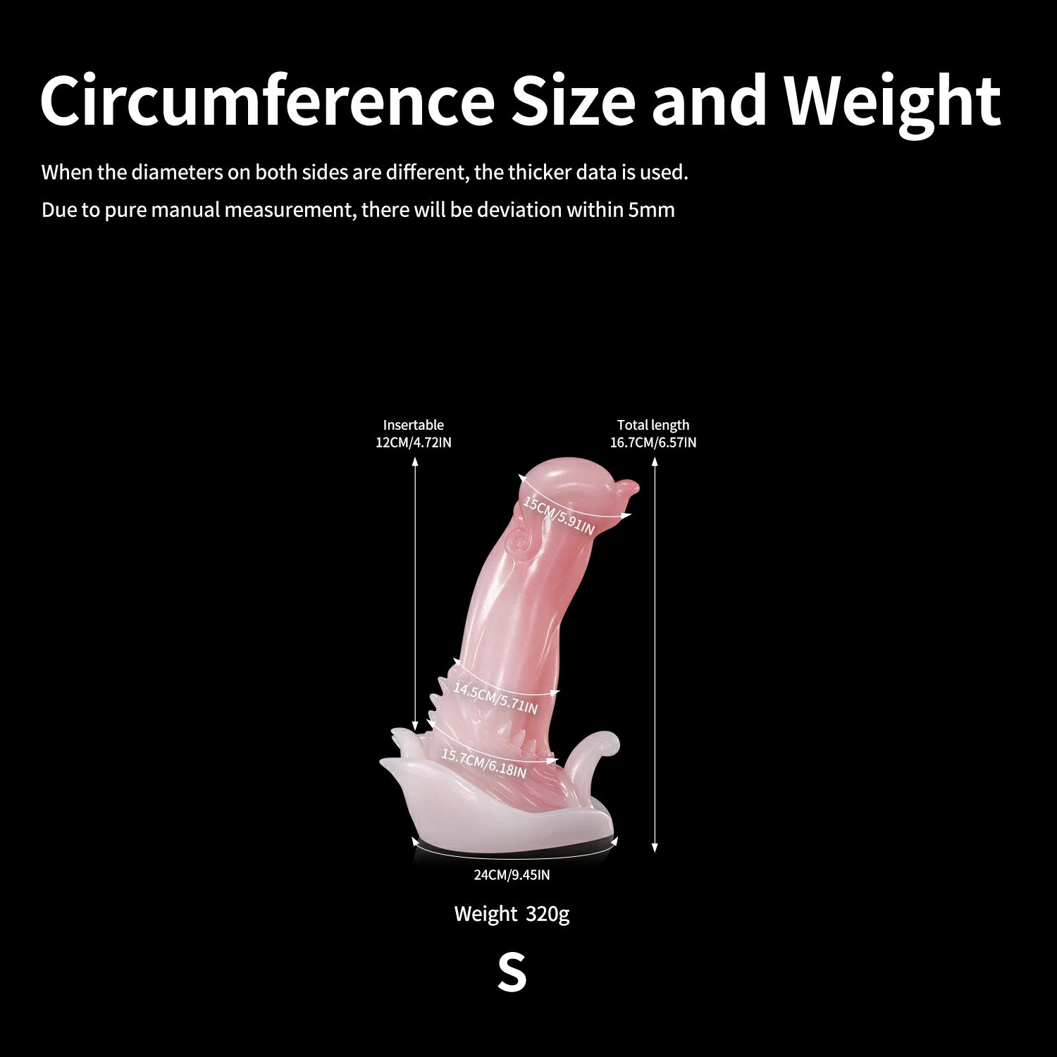 GLOSSY BEELZEBUB fantasy dildo with a rounded head, tendril-like details, serrated texture, and glossy finish - circumference size and weight chart