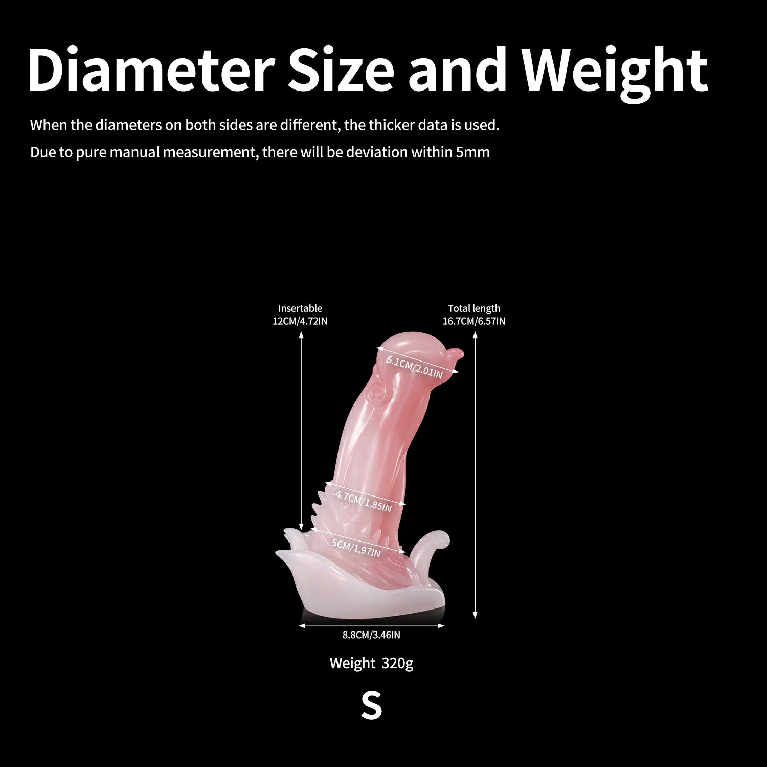 GLOSSY BEELZEBUB fantasy dildo with a rounded head, tendril-like details, serrated texture, and glossy finish - diameter size and weight chart