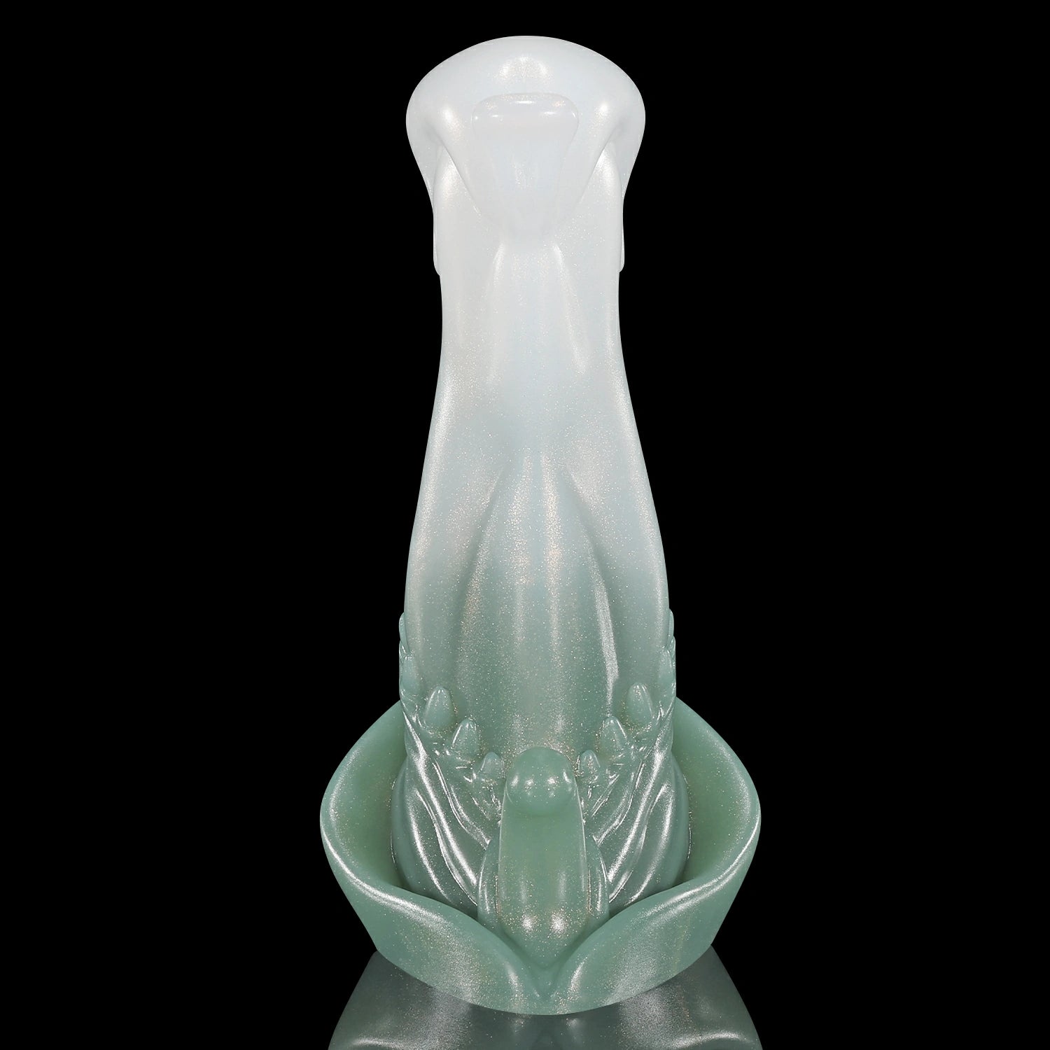 GLOSSY BEELZEBUB fantasy dildo with a rounded head, tendril-like details, serrated texture, and glossy finish - green and white custom color rear view