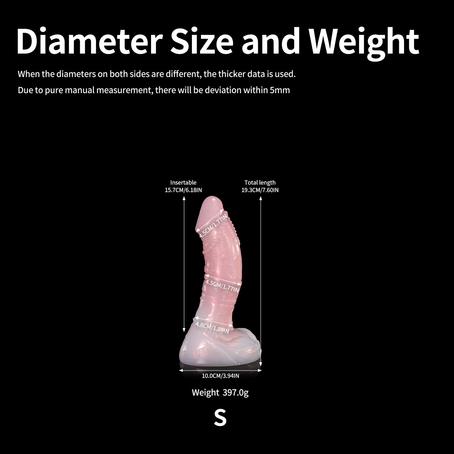 GLOSSY CASTOR fantasy dildo with a curved textured shaft, rounded head, and glossy finish - diameter size and weight chart
