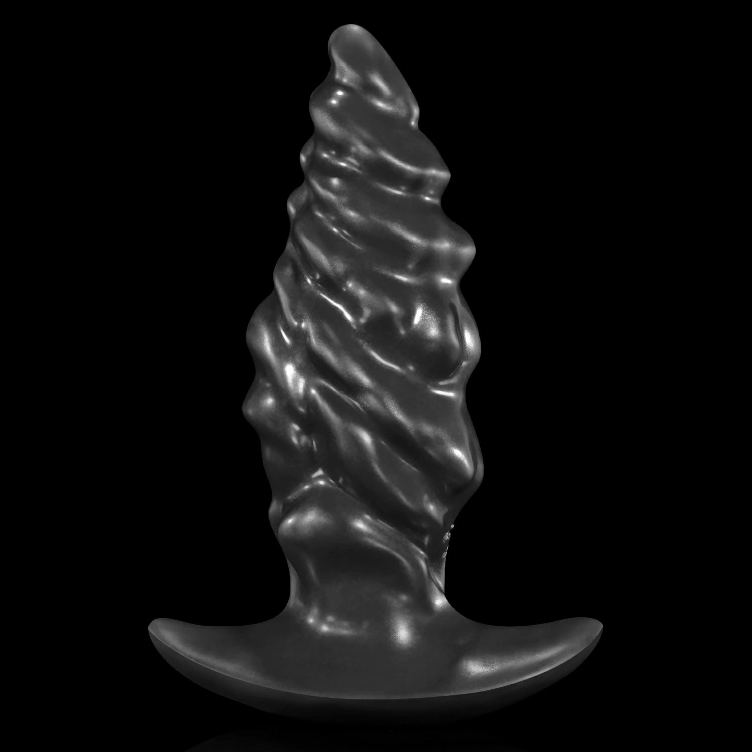 GLOSSY EIN fantasy butt plug with layered spiral texture, flared base, and glossy finish - black custom color front view