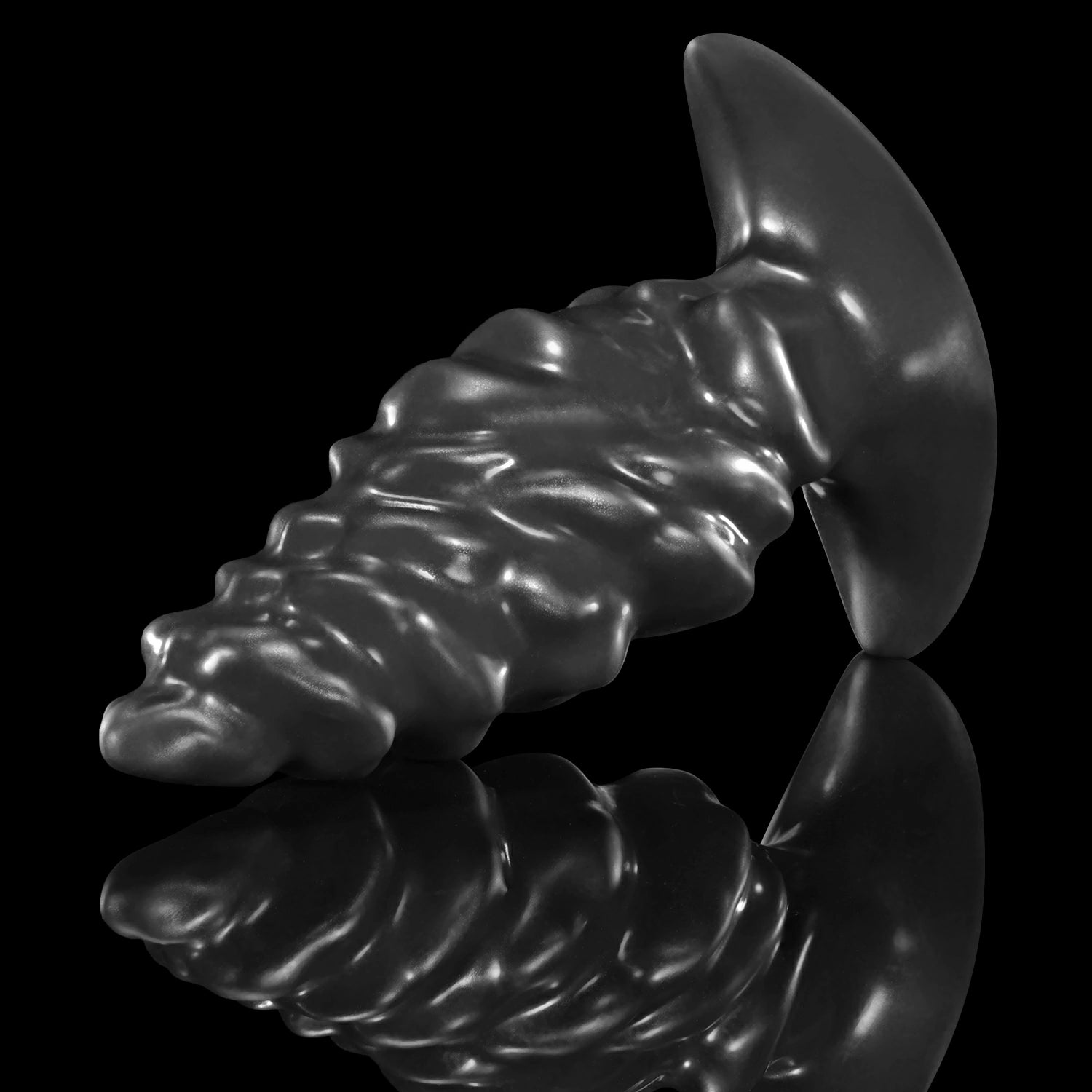 GLOSSY EIN fantasy butt plug with layered spiral texture, flared base, and glossy finish - black custom color low side view