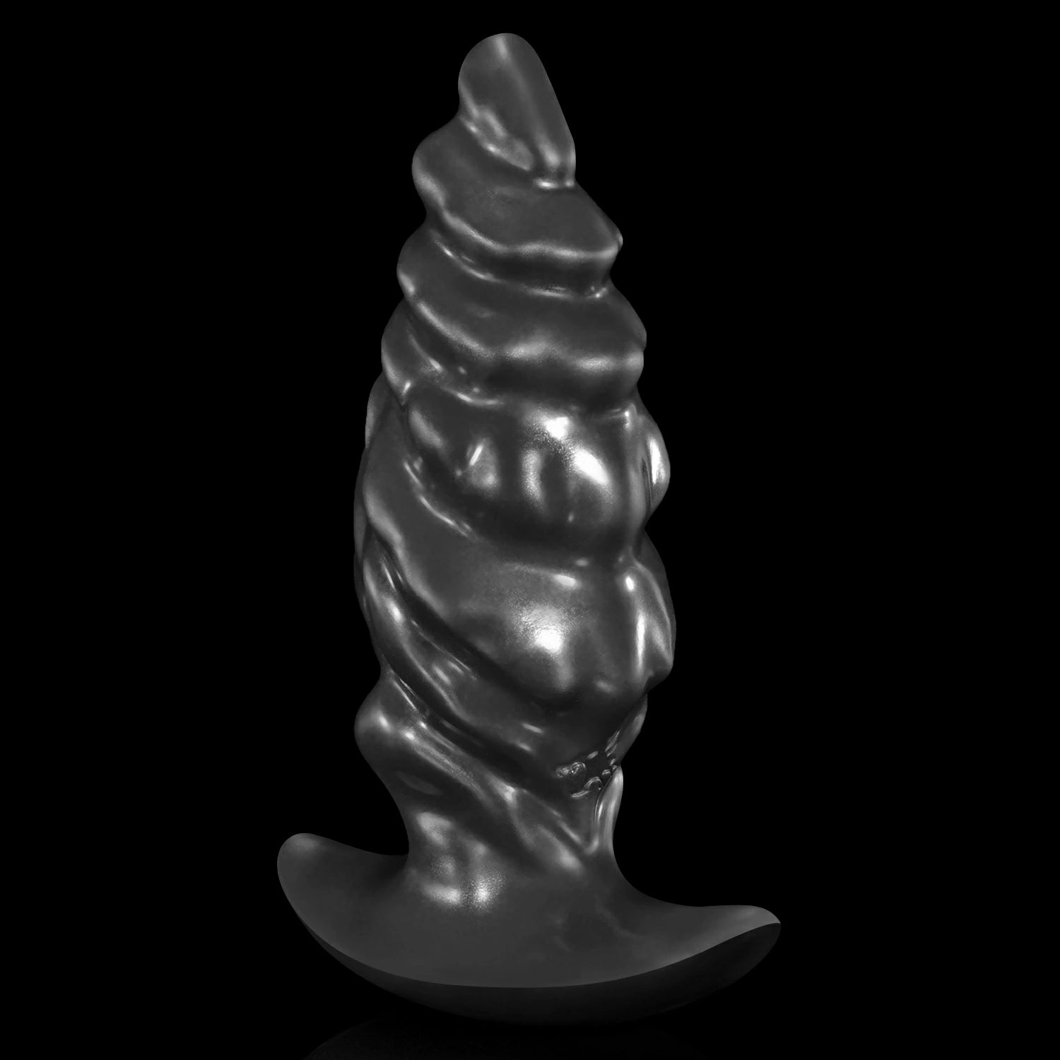 GLOSSY EIN fantasy butt plug with layered spiral texture, flared base, and glossy finish - black custom color side profile