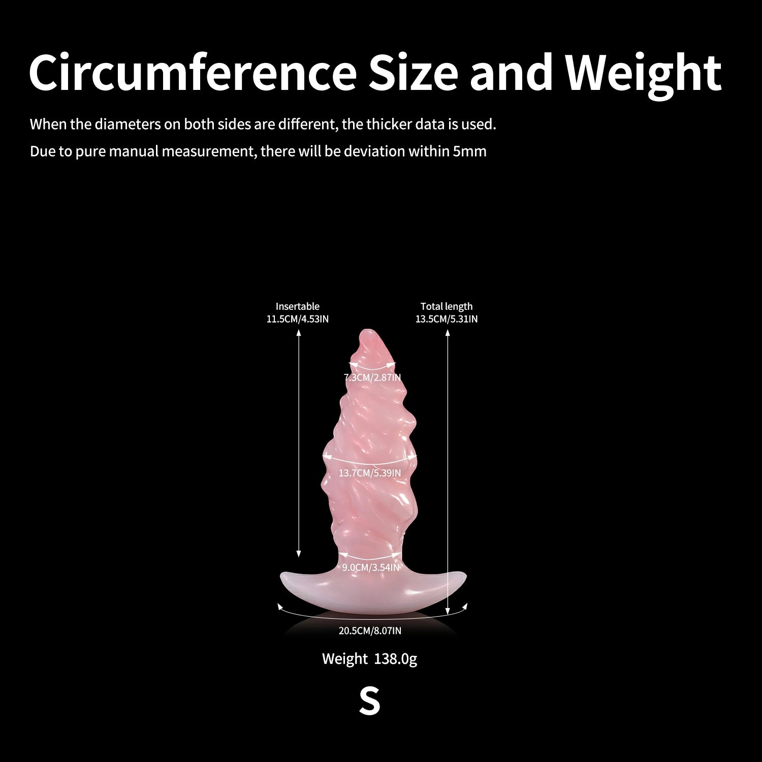 GLOSSY EIN fantasy butt plug with layered spiral texture, flared base, and glossy finish - circumference size and weight chart