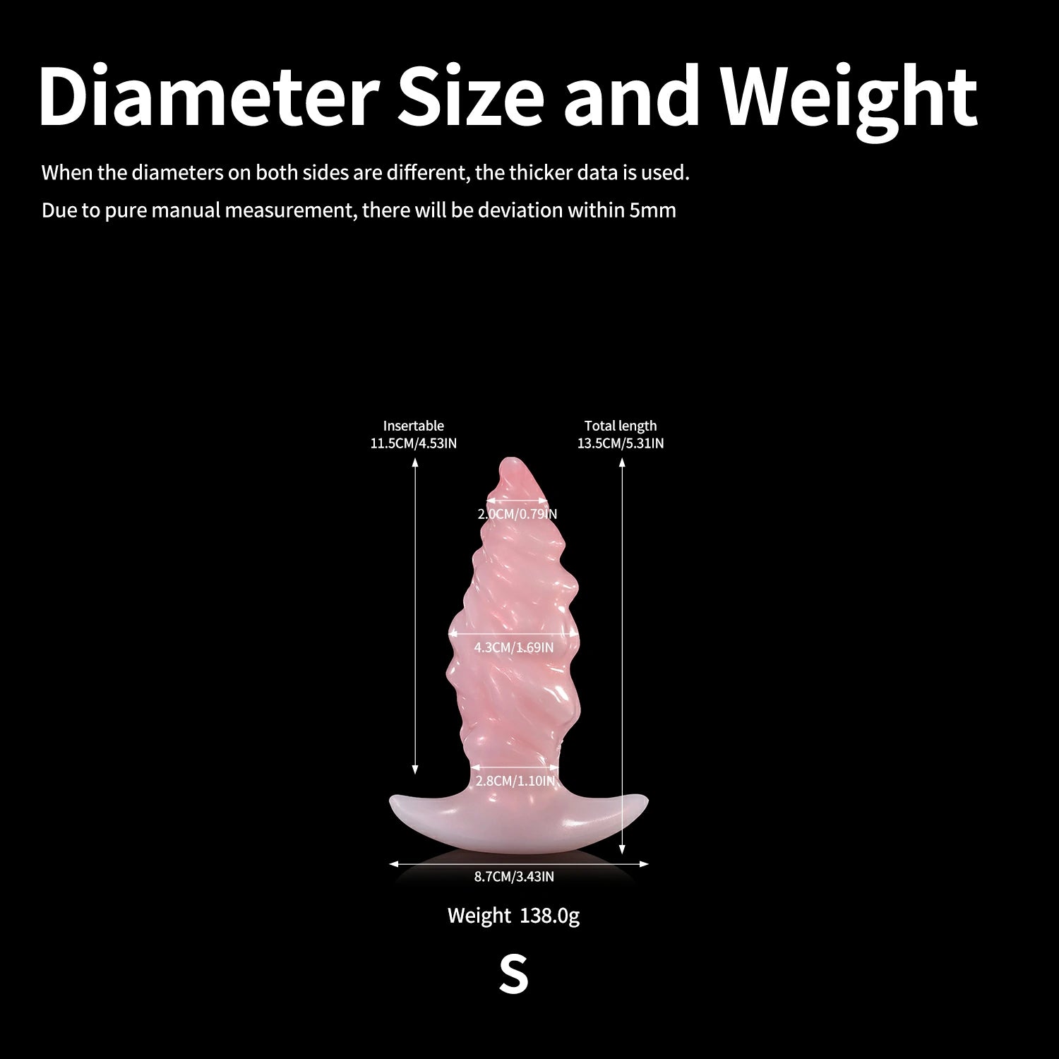 GLOSSY EIN fantasy butt plug with layered spiral texture, flared base, and glossy finish - diameter size and weight chart