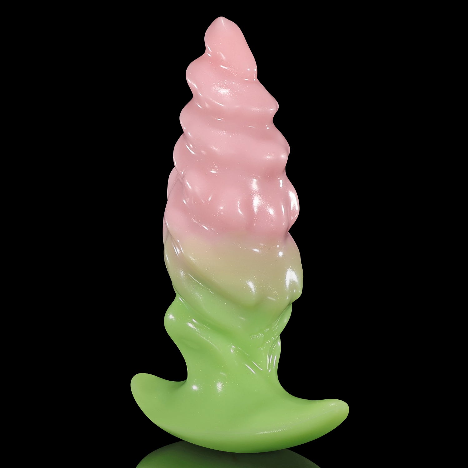 GLOSSY EIN fantasy butt plug with layered spiral texture, flared base, and glossy finish - Glossy Realm collection display