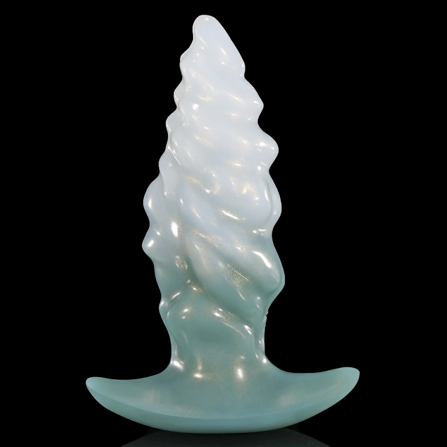 GLOSSY EIN fantasy butt plug with layered spiral texture, flared base, and glossy finish - green and white custom color front view