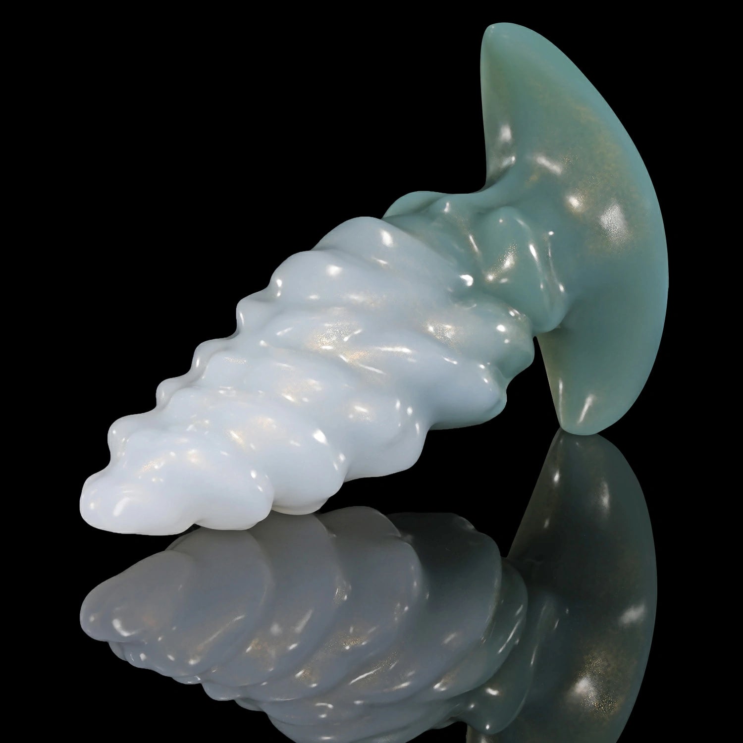 GLOSSY EIN fantasy butt plug with layered spiral texture, flared base, and glossy finish - green and white custom color low side view