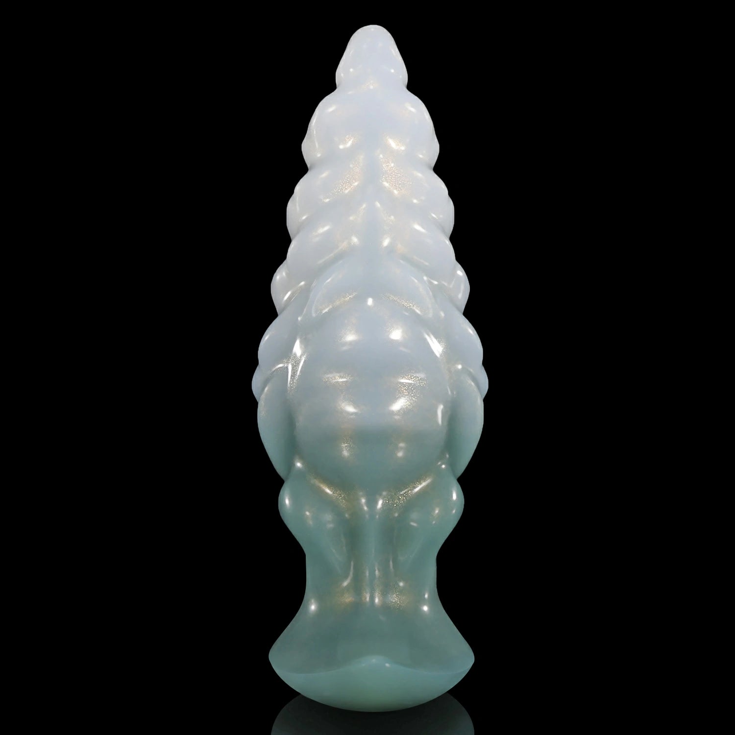 GLOSSY EIN fantasy butt plug with layered spiral texture, flared base, and glossy finish - green and white custom color rear view