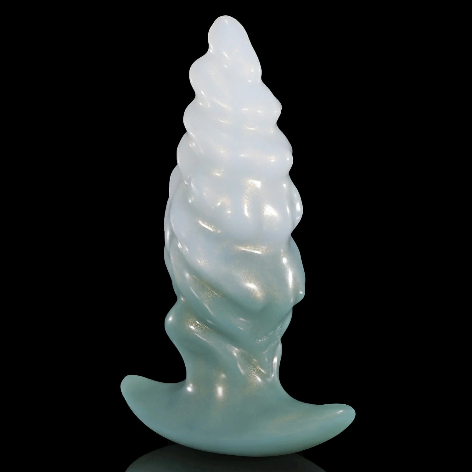 GLOSSY EIN fantasy butt plug with layered spiral texture, flared base, and glossy finish - green and white custom color side profile