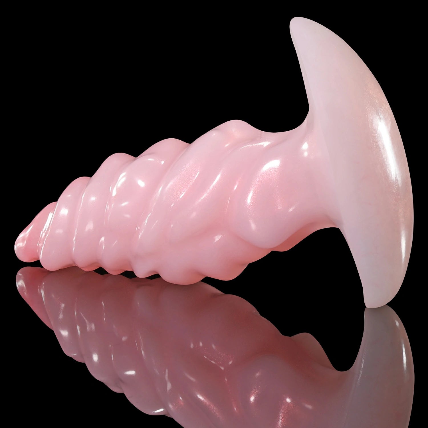 GLOSSY EIN fantasy butt plug with layered spiral texture, flared base, and glossy finish - pink angled base view