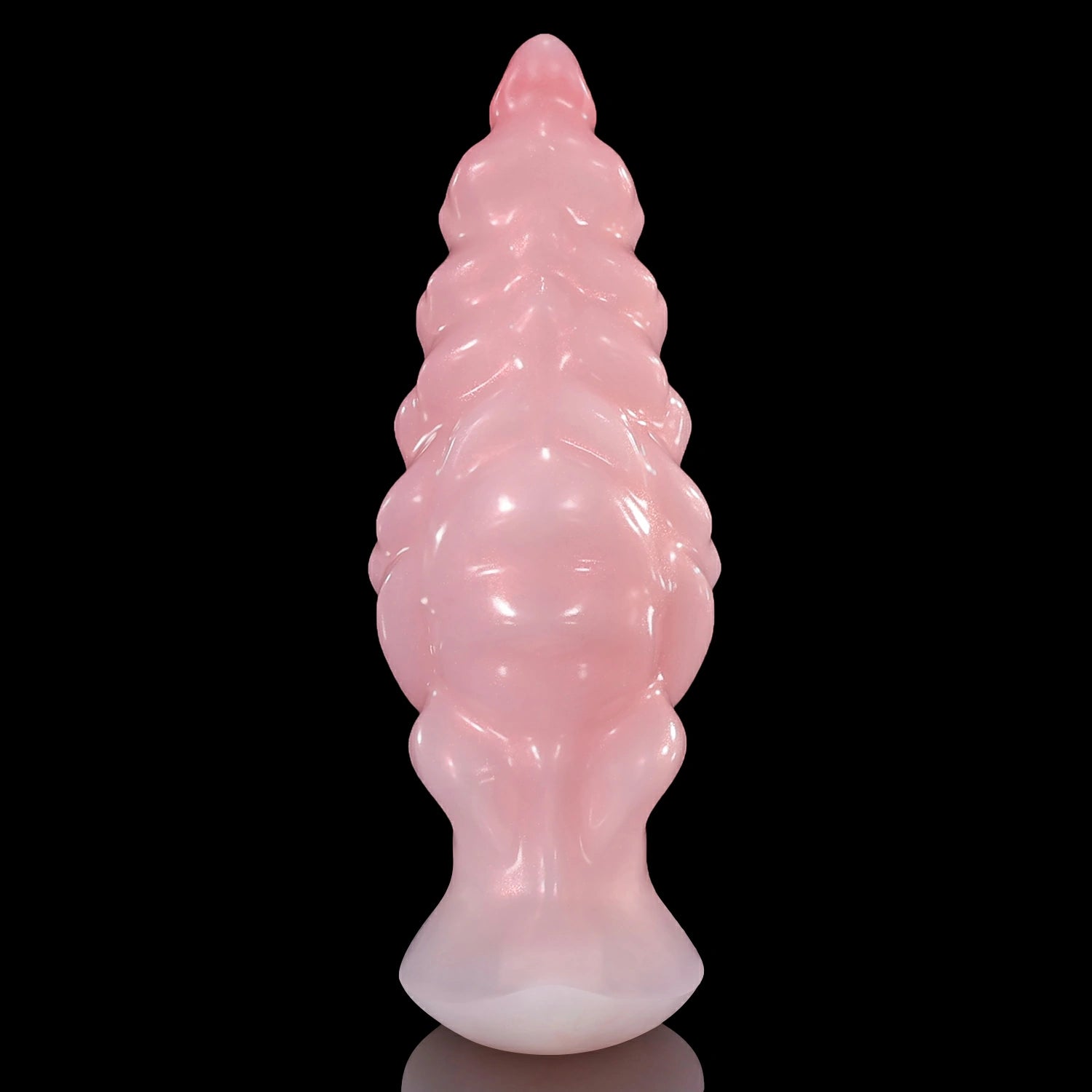 GLOSSY EIN fantasy butt plug with layered spiral texture, flared base, and glossy finish - pink flared base view
