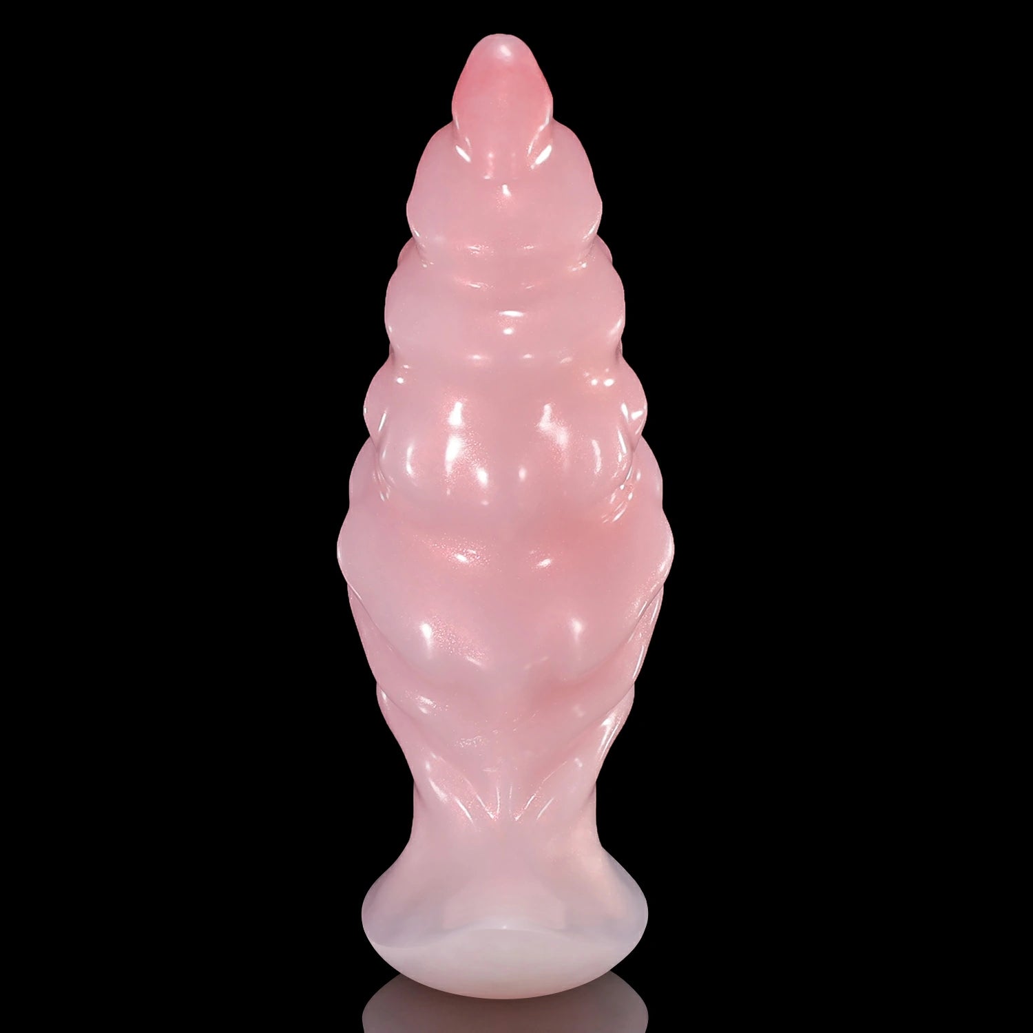 GLOSSY EIN fantasy butt plug with layered spiral texture, flared base, and glossy finish - pink front view