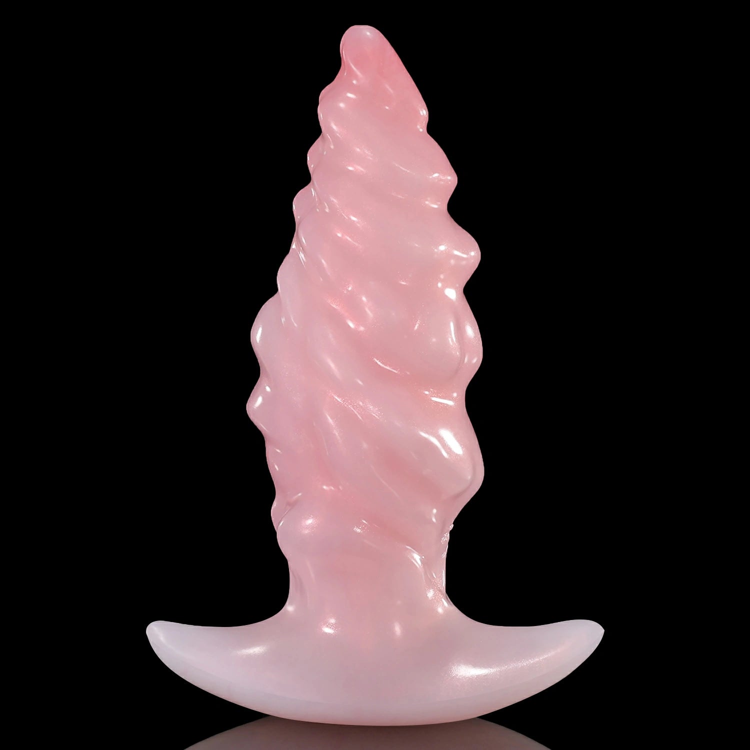 GLOSSY EIN fantasy butt plug with layered spiral texture, flared base, and glossy finish - pink rear view