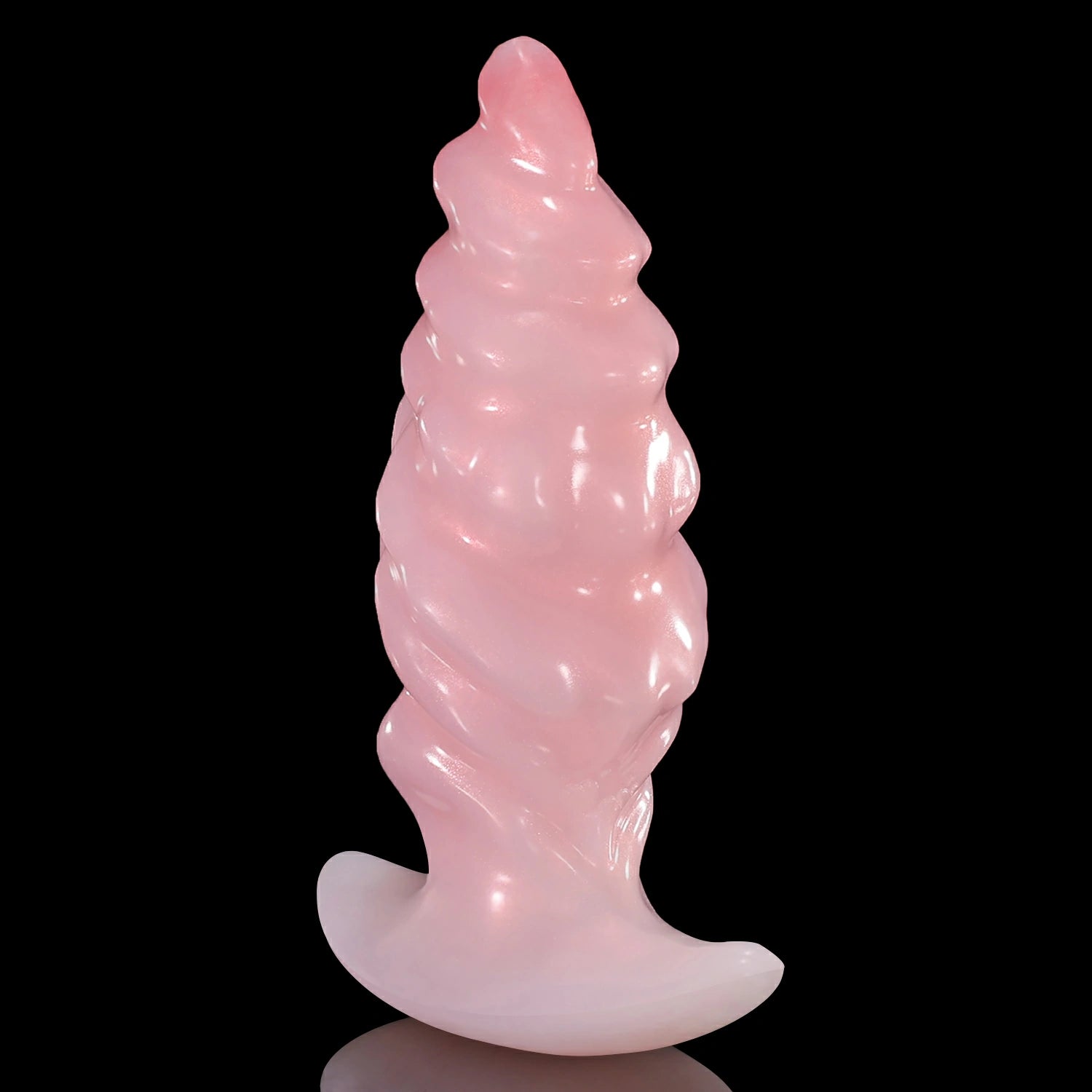 GLOSSY EIN fantasy butt plug with layered spiral texture, flared base, and glossy finish - pink side profile