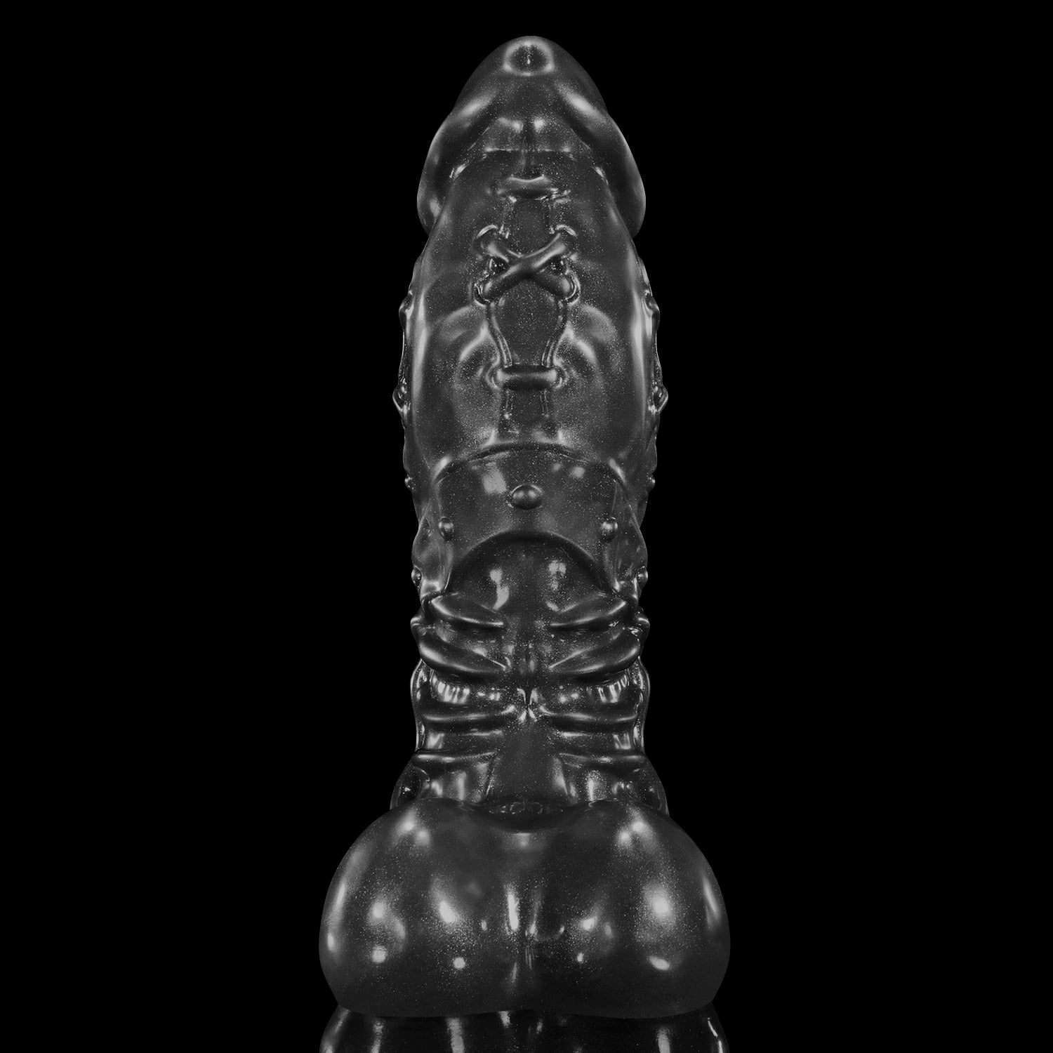 GLOSSY LICH fantasy dildo with a sculpted textured shaft, rounded base, and glossy finish - black custom color side profile