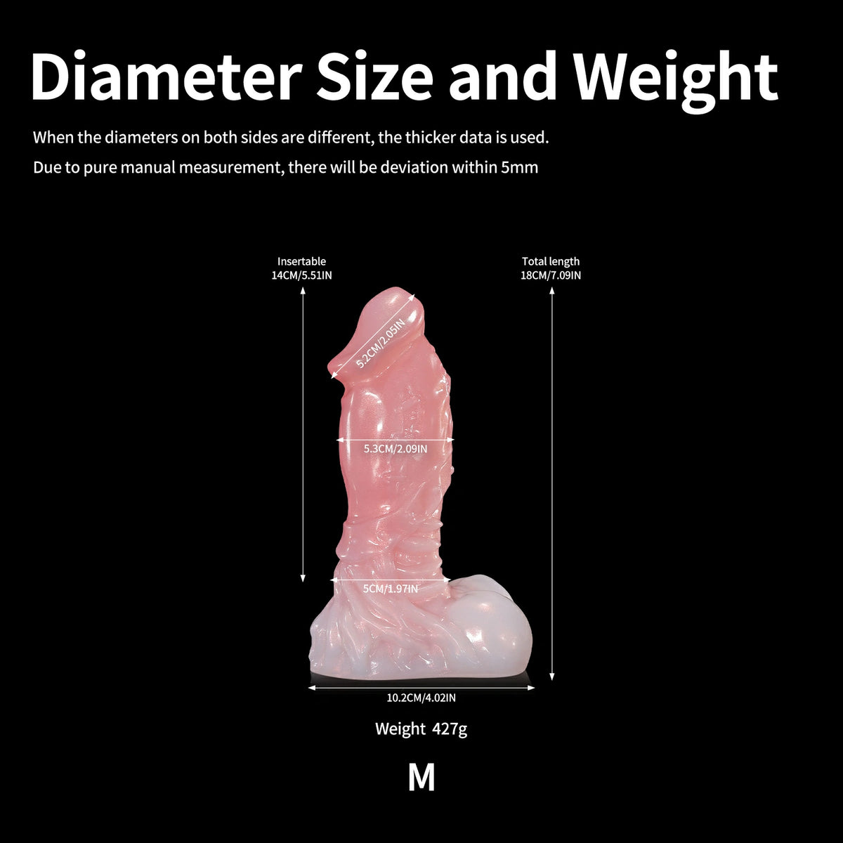 GLOSSY LICH fantasy dildo with a sculpted textured shaft, rounded base, and glossy finish - diameter size and weight chart