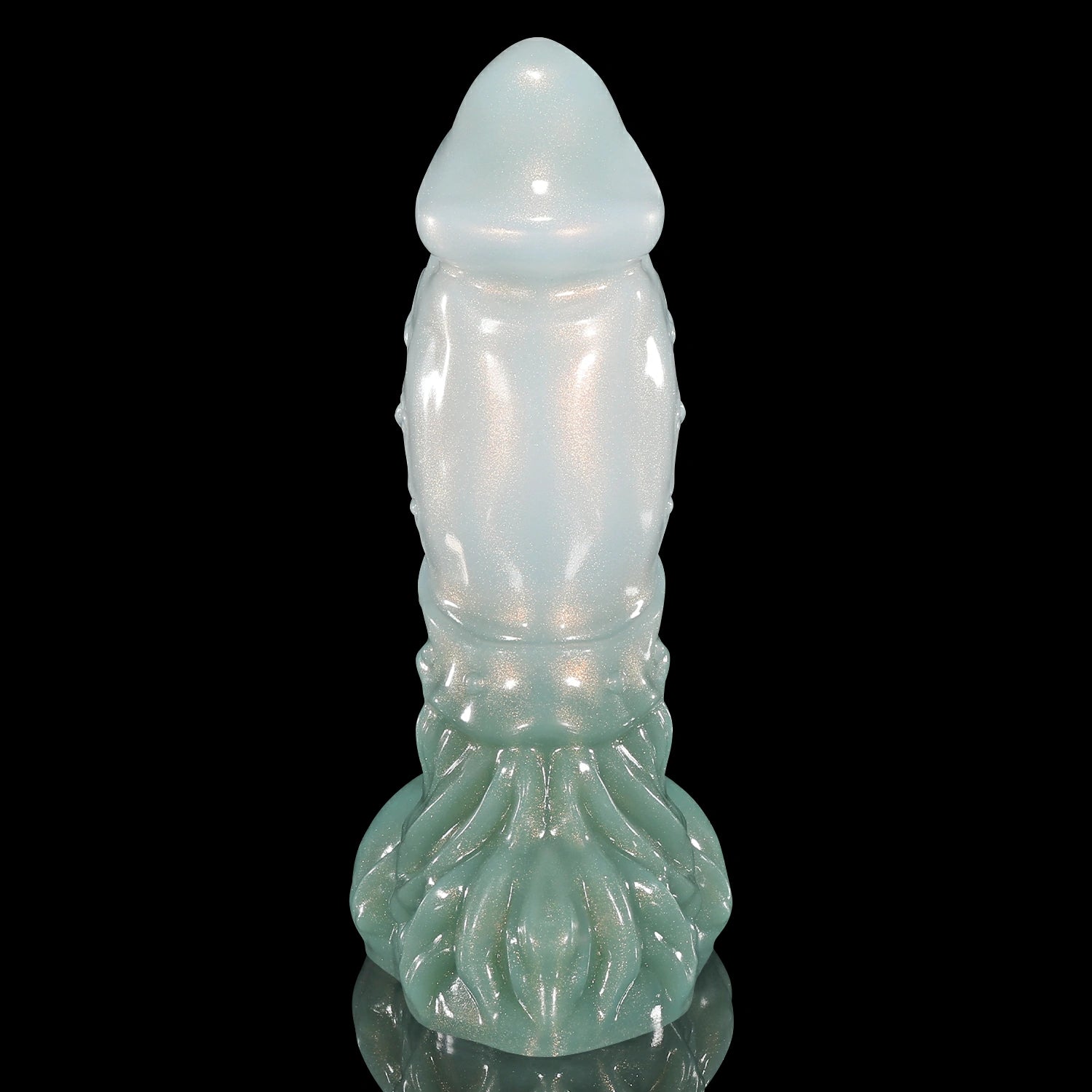 GLOSSY LICH fantasy dildo with a sculpted textured shaft, rounded base, and glossy finish - green and white custom color rear view