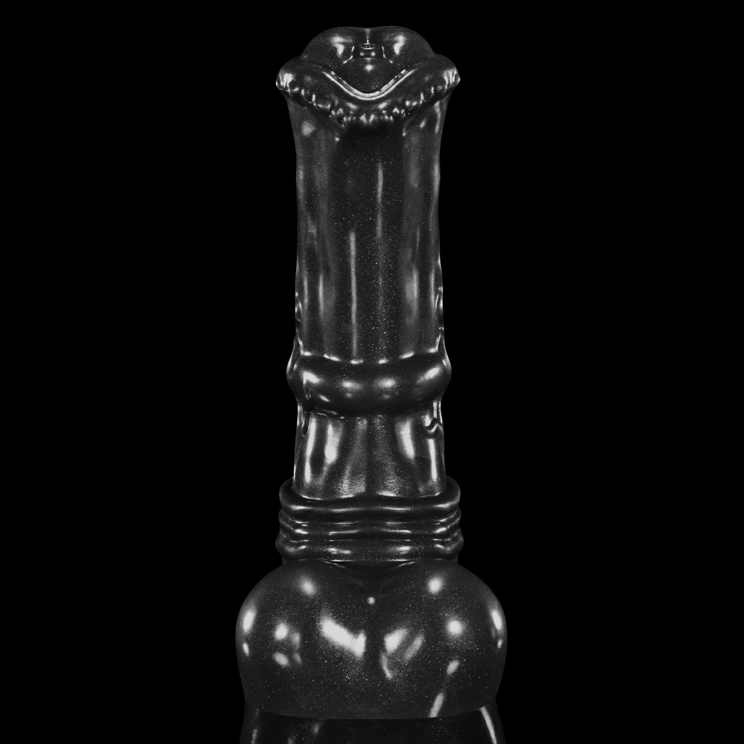 GLOSSY LOLLY fantasy horse dildo with a rounded head, raised shaft texture, rounded balls, and glossy finish - black custom color front view