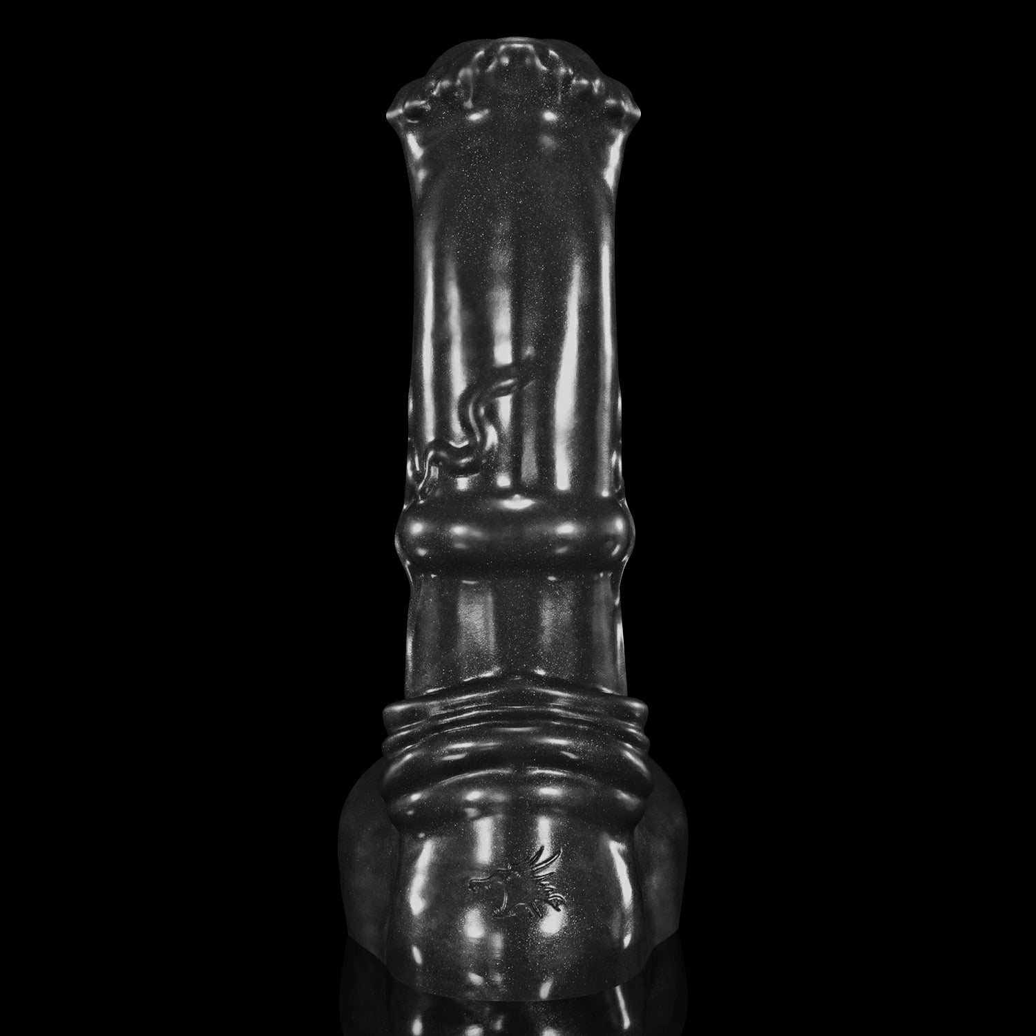 GLOSSY LOLLY fantasy horse dildo with a rounded head, raised shaft texture, rounded balls, and glossy finish - black custom color rear view