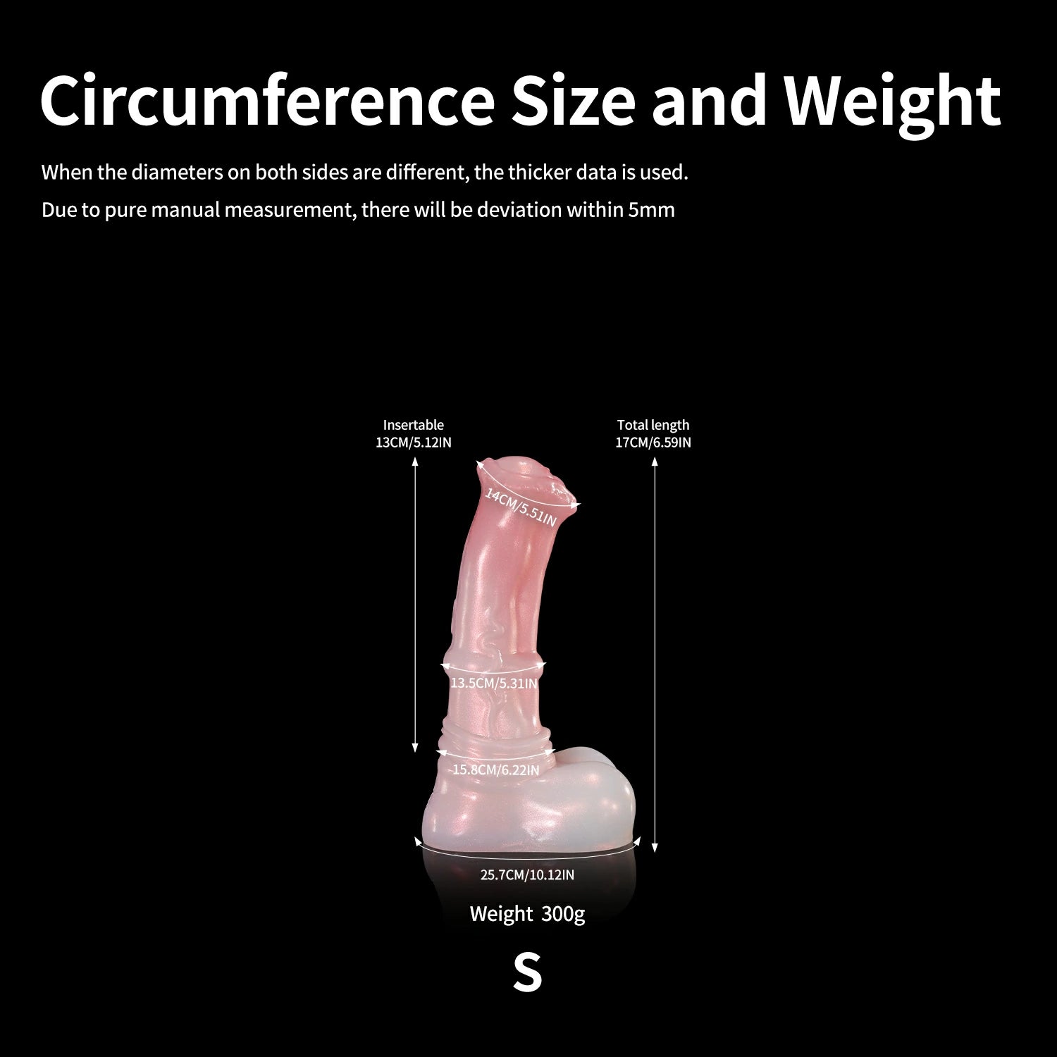 GLOSSY LOLLY fantasy horse dildo with a rounded head, raised shaft texture, rounded balls, and glossy finish - circumference size and weight chart