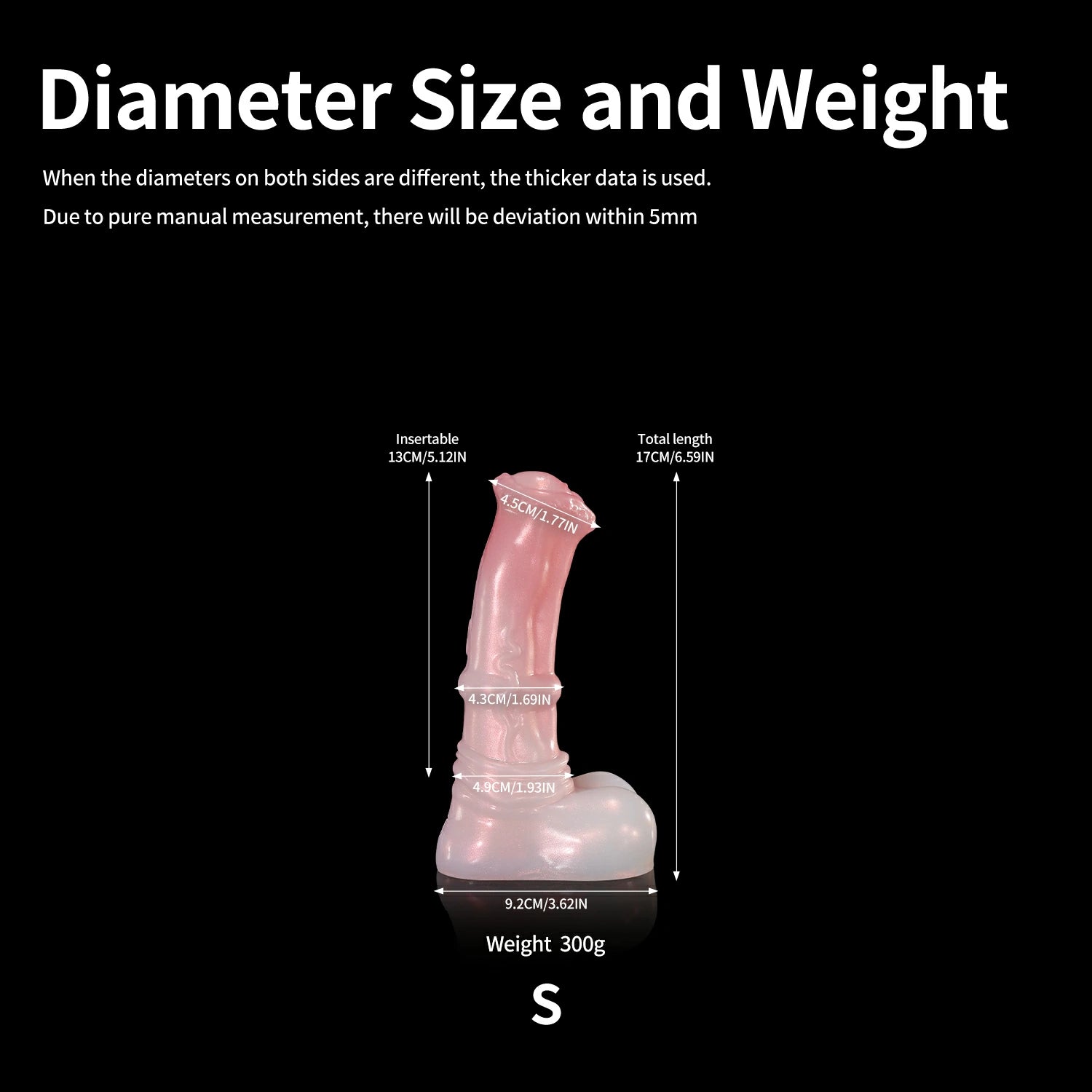 GLOSSY LOLLY fantasy horse dildo with a rounded head, raised shaft texture, rounded balls, and glossy finish - diameter size and weight chart