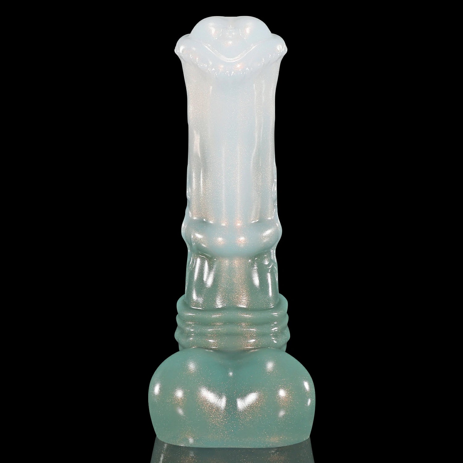 GLOSSY LOLLY fantasy horse dildo with a rounded head, raised shaft texture, rounded balls, and glossy finish - green and white custom color front view