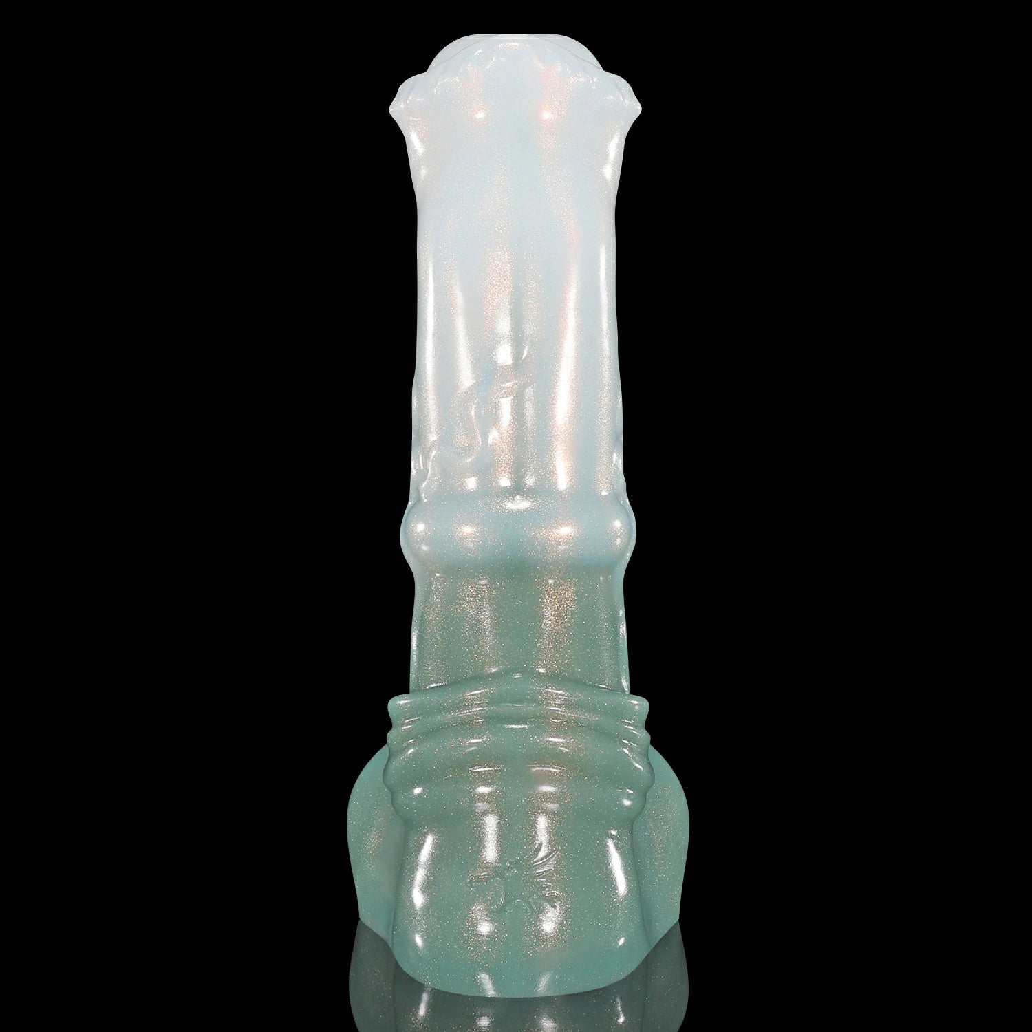 GLOSSY LOLLY fantasy horse dildo with a rounded head, raised shaft texture, rounded balls, and glossy finish - green and white custom color rear view