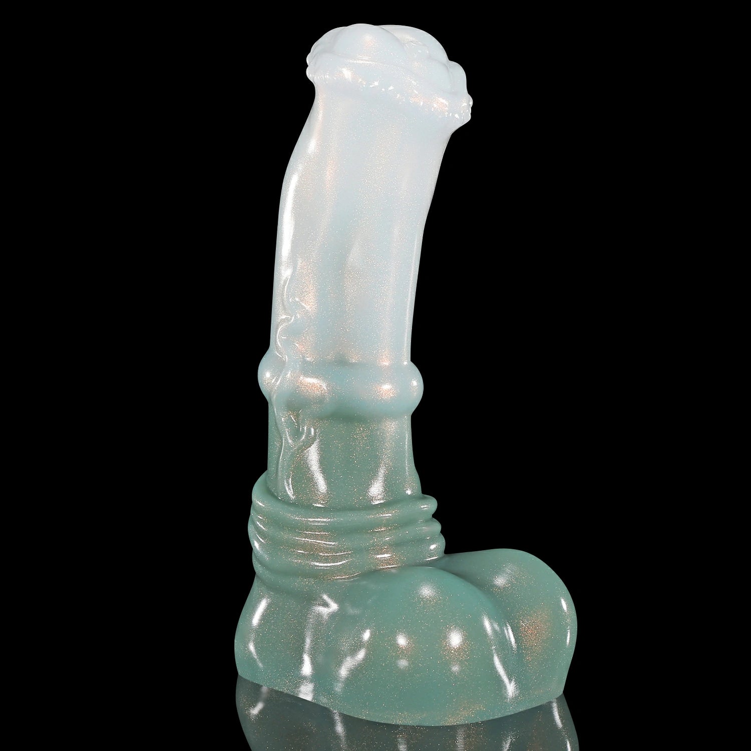 GLOSSY LOLLY fantasy horse dildo with a rounded head, raised shaft texture, rounded balls, and glossy finish - green and white custom color side profile