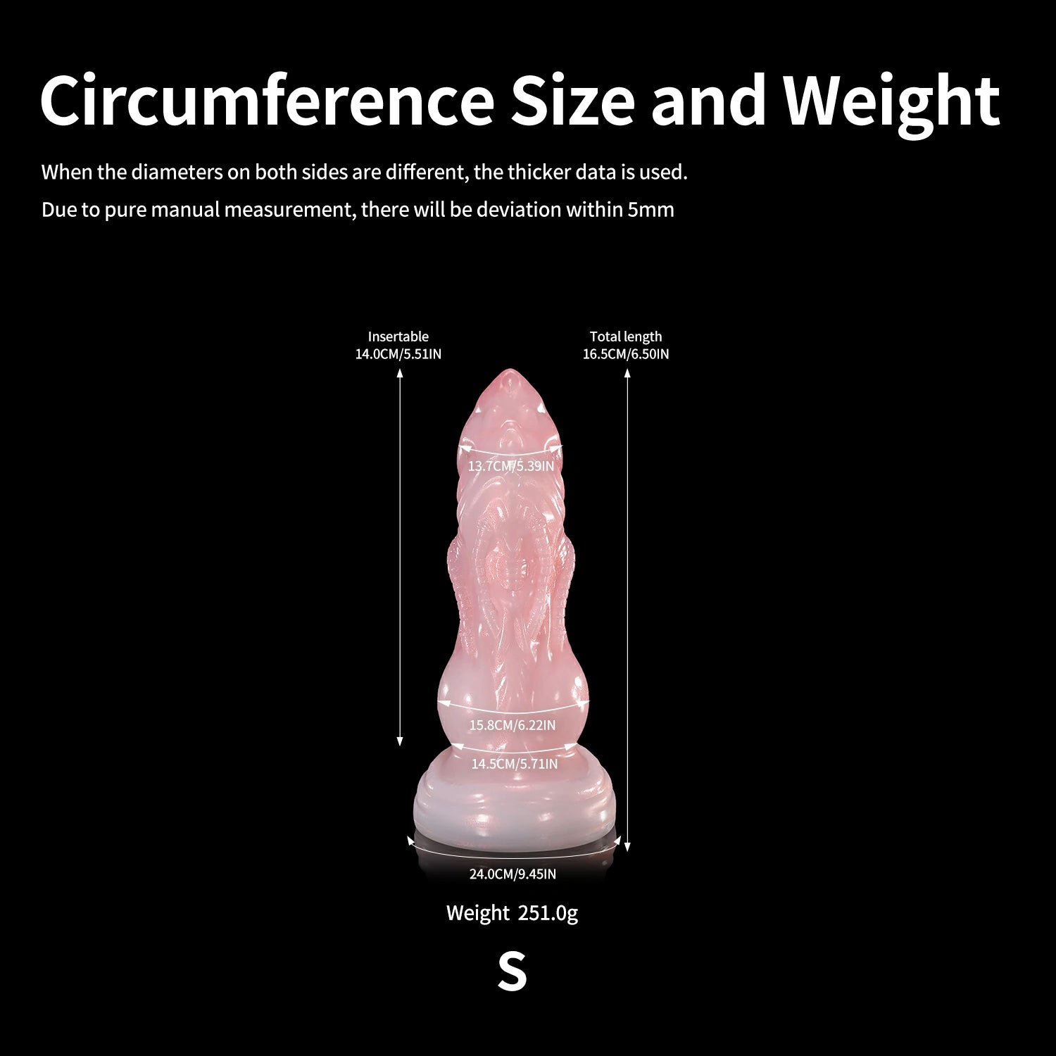 Nothosaur GLOSSY NEO-09 fantasy knot dildo with a pointed tip, textured side tubes, and a base knot - circumference size chart
