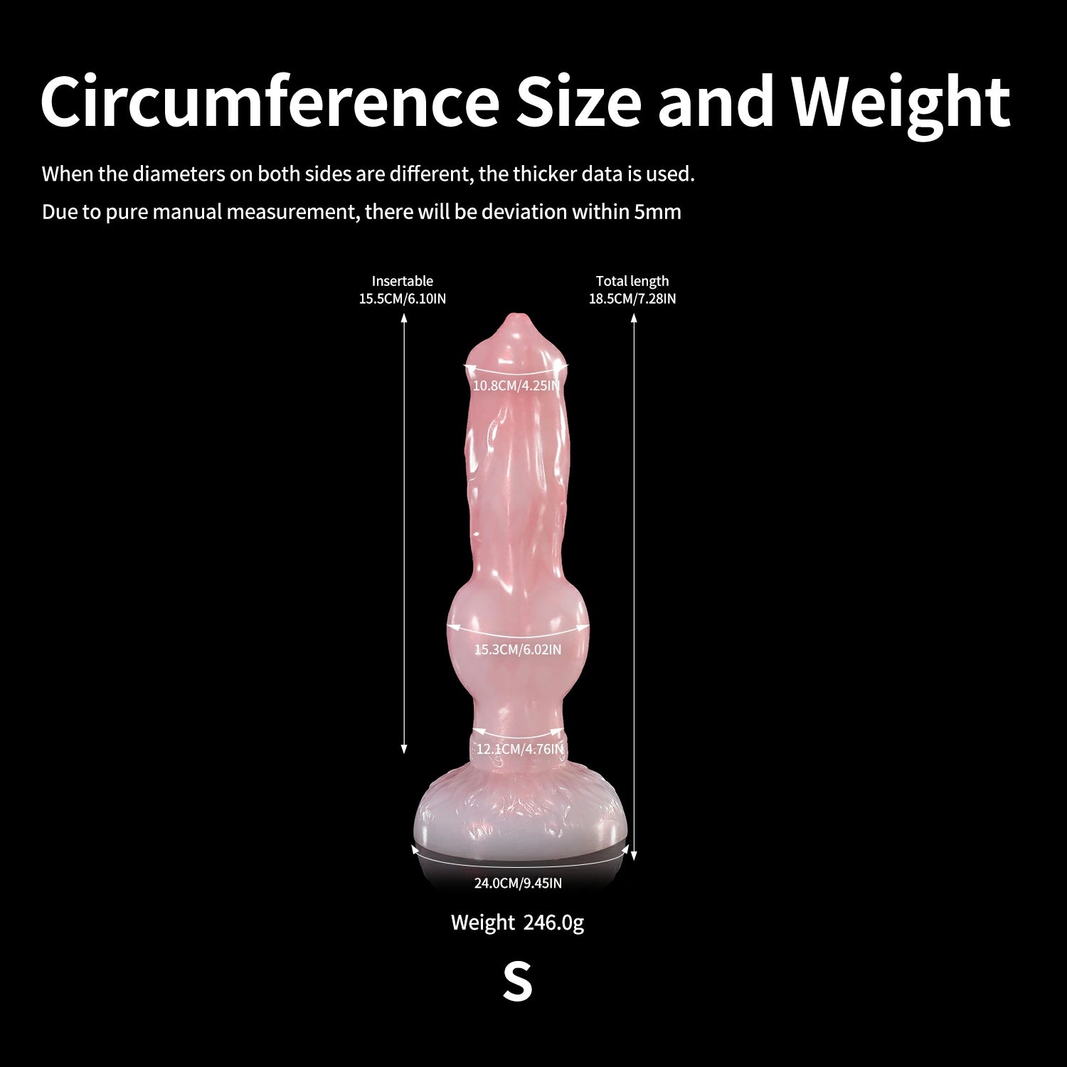 Nothosaur GLOSSY SETH fantasy knot dildo with a sculpted textured shaft and glossy finish - circumference size chart