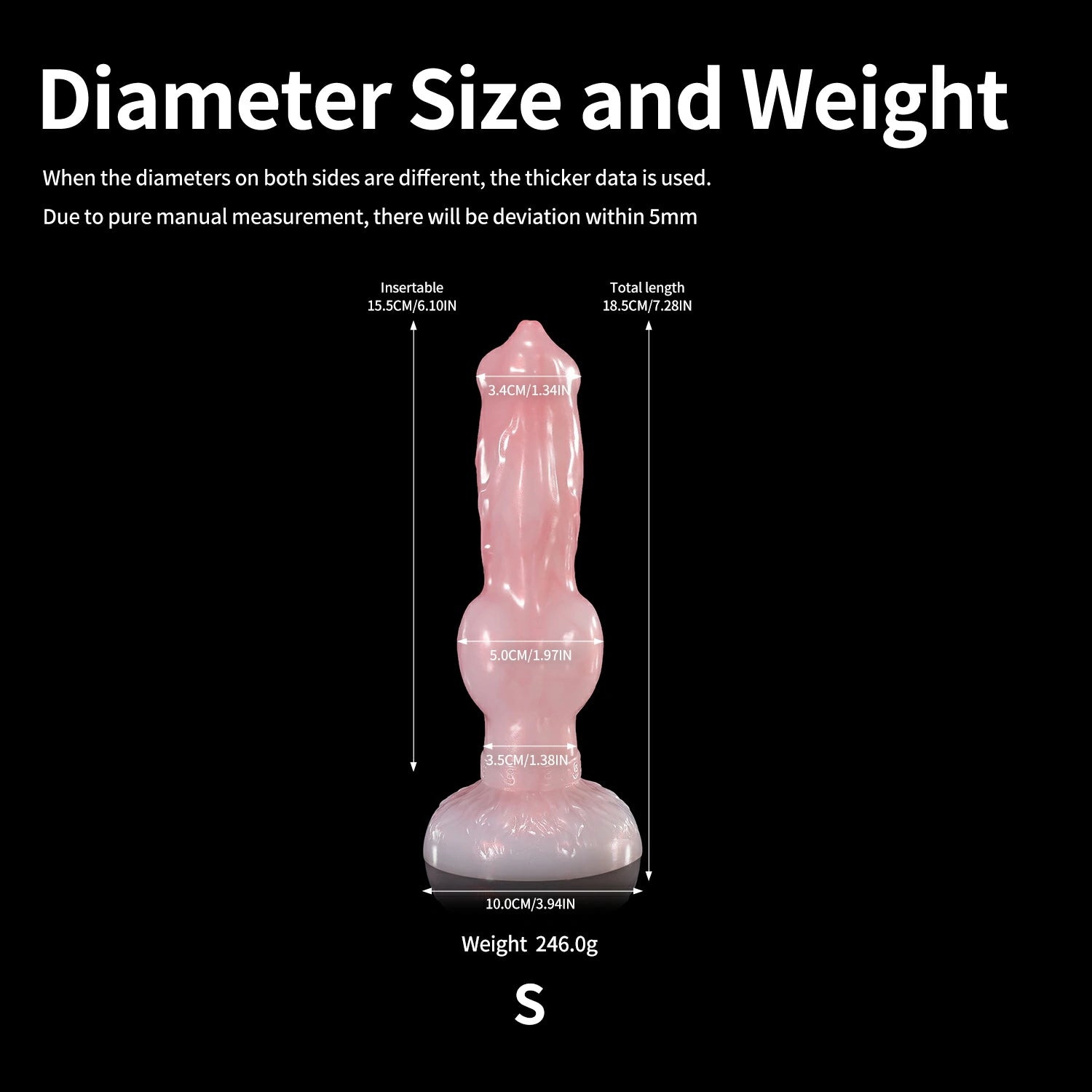 Nothosaur GLOSSY SETH fantasy knot dildo with a sculpted textured shaft and glossy finish - diameter size chart