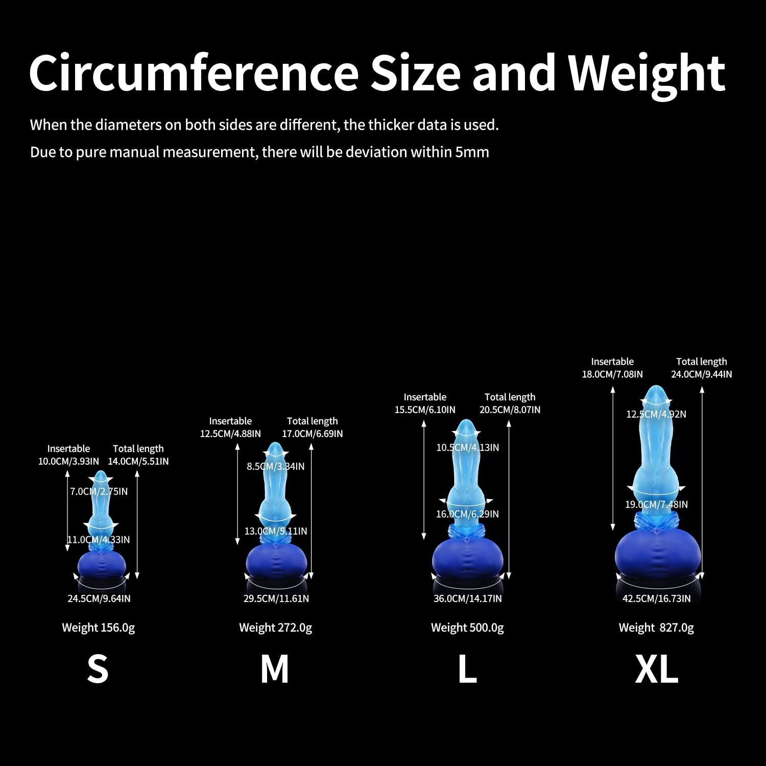 Nothosaur GRAEMEN dog knot dildo with a tapered head, smooth shaft, and full knot - circumference size chart