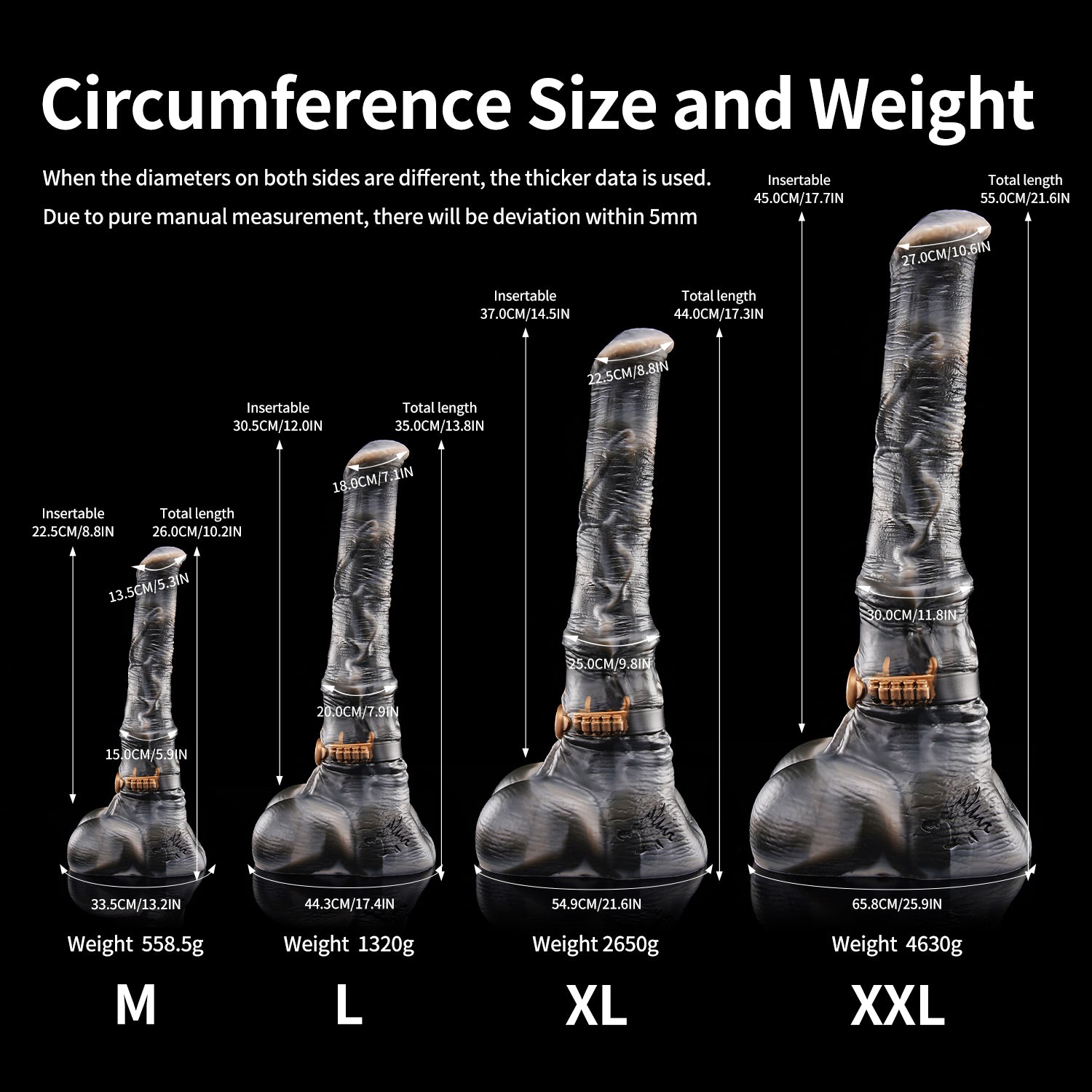 Nothosaur HUNTER JACK plus tube fantasy horse ejaculating dildo with a textured equine shaft and built-in tube - circumference size chart