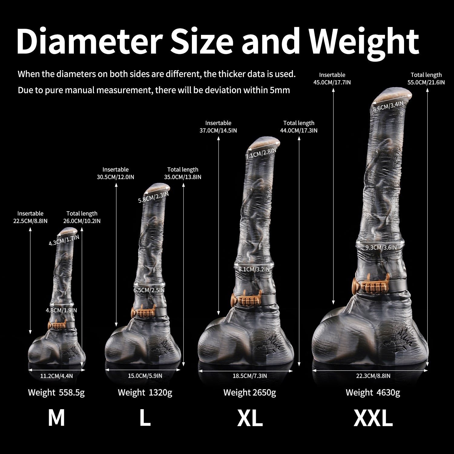Nothosaur HUNTER JACK plus tube fantasy horse ejaculating dildo with a textured equine shaft and built-in tube - diameter size chart