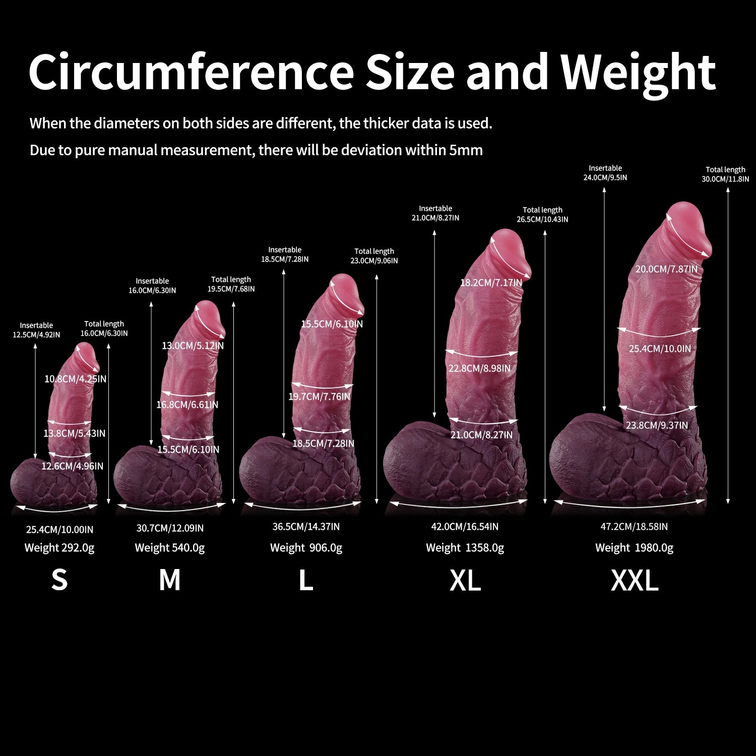 Nothosaur Ignis the Boss fantasy dragon dildo with a scaled shaft and sculpted dragon profile - circumference size chart