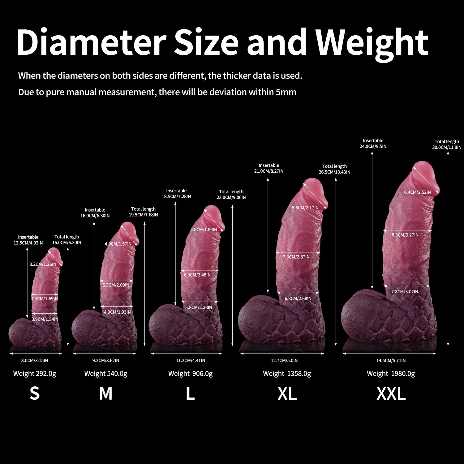 Nothosaur Ignis the Boss fantasy dragon dildo with a scaled shaft and sculpted dragon profile - diameter size chart