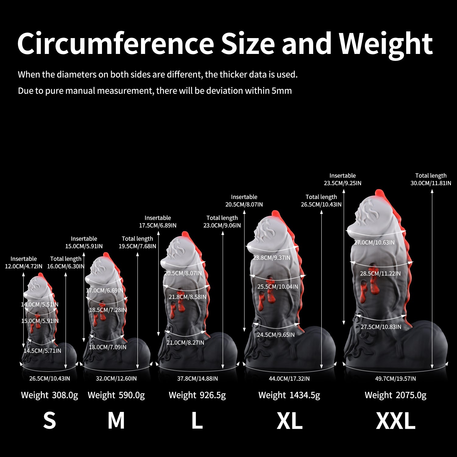 Nothosaur ISSUS fantasy vampire dildo with elegant gothic textures and vampire bite details - circumference size chart