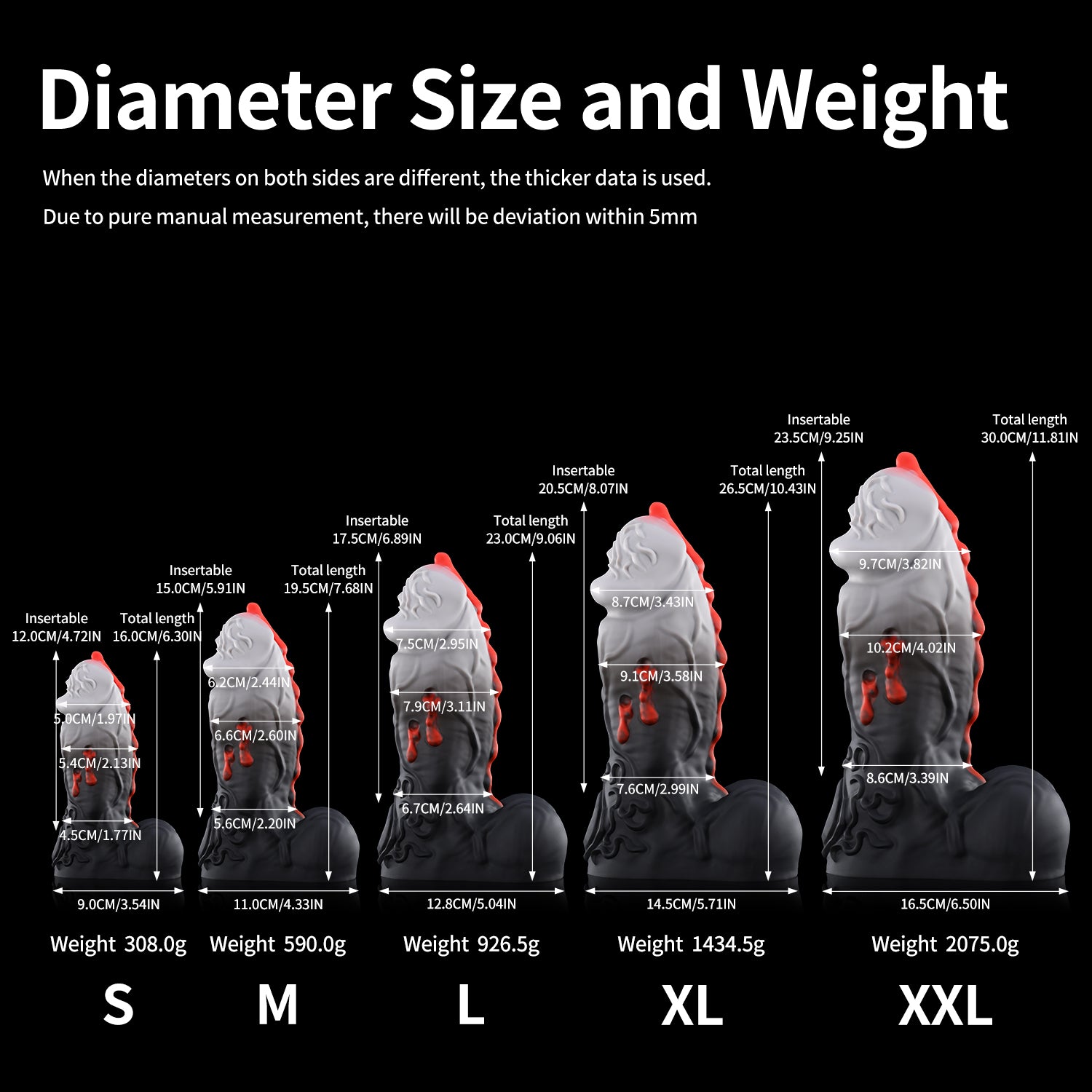 Nothosaur ISSUS fantasy vampire dildo with elegant gothic textures and vampire bite details - diameter size chart